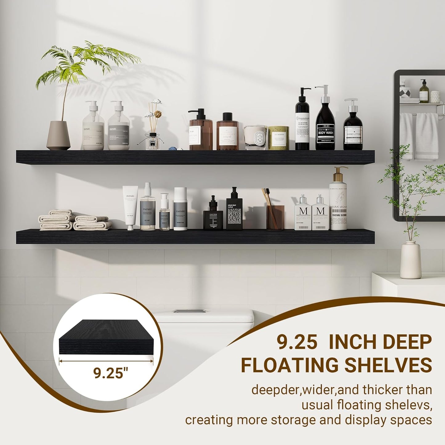 48 Inch Floating Shelves, 48"x9.25"x1.5" Inch Deep Floating Shelves for Wall, Wooden Shelves for Bathroom, Bedroom, Living Room, Black