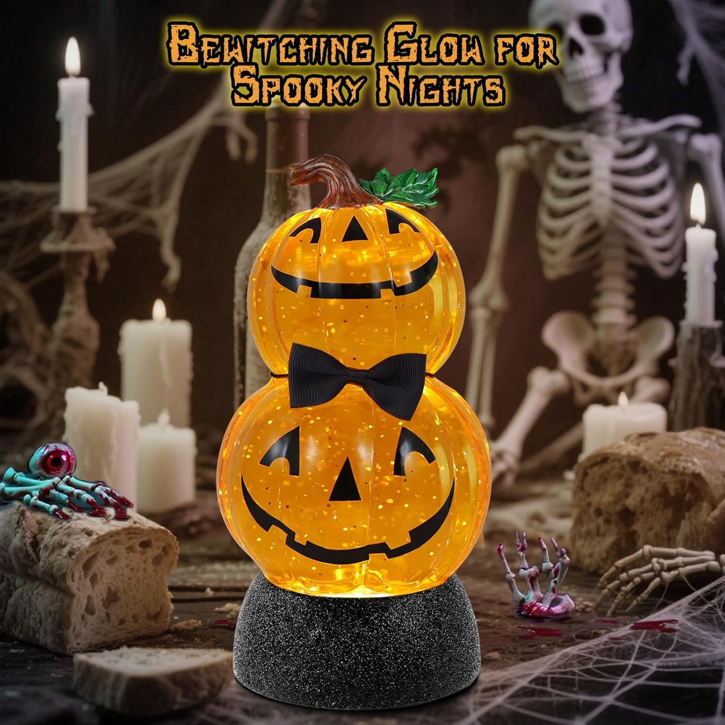 Halloween Snow Globe Lantern Lighted Pumpkin Musical Snow Globe Glitter with 6H Timer Battery and USB Operated Halloween Snow Globes Water Lantern for Spooky Festival Party Decoration (Pumpkin)