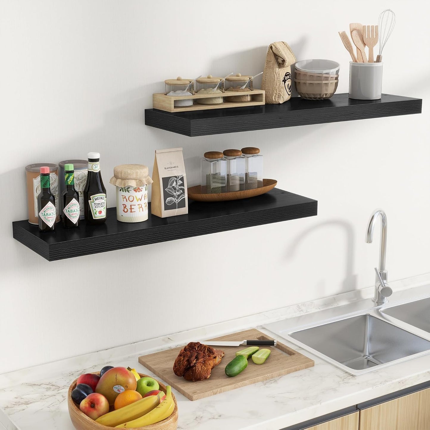 Fun Memories Floating Shelves for Wall 36 Inches, Wood Shelves with Invisible Bracket, 10" Deep Shelves Wall Mounted, Large Wood Floating Shelves for Living Room Bathroom, Black, Set of 2