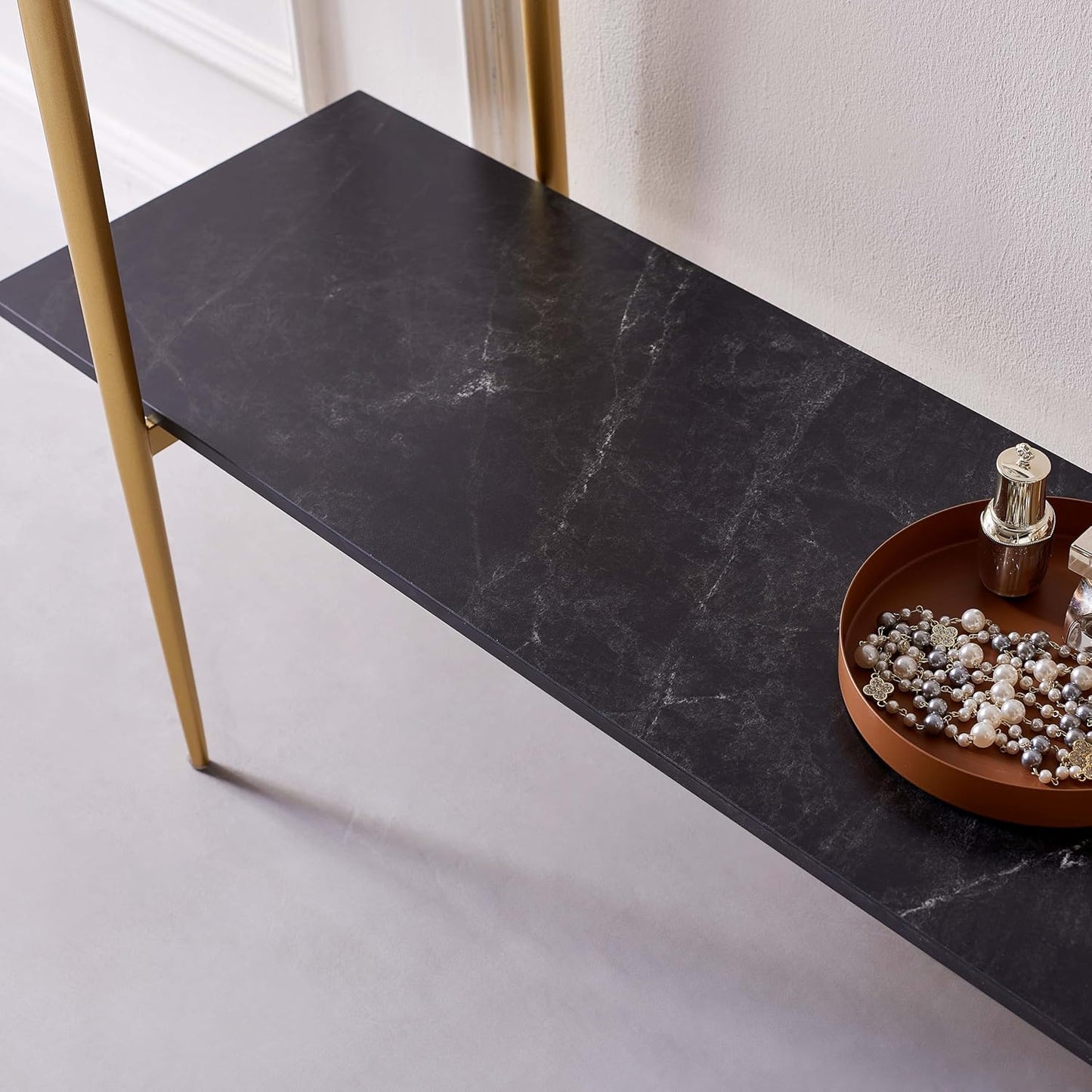 Glass Console Table for Living Room, Foyer & Entrance, 2-Tiers Mid-Century Modern Sofa Table with Grey Glass Top, Black Marble Finish Wood Shelf and Gold Finish Frame