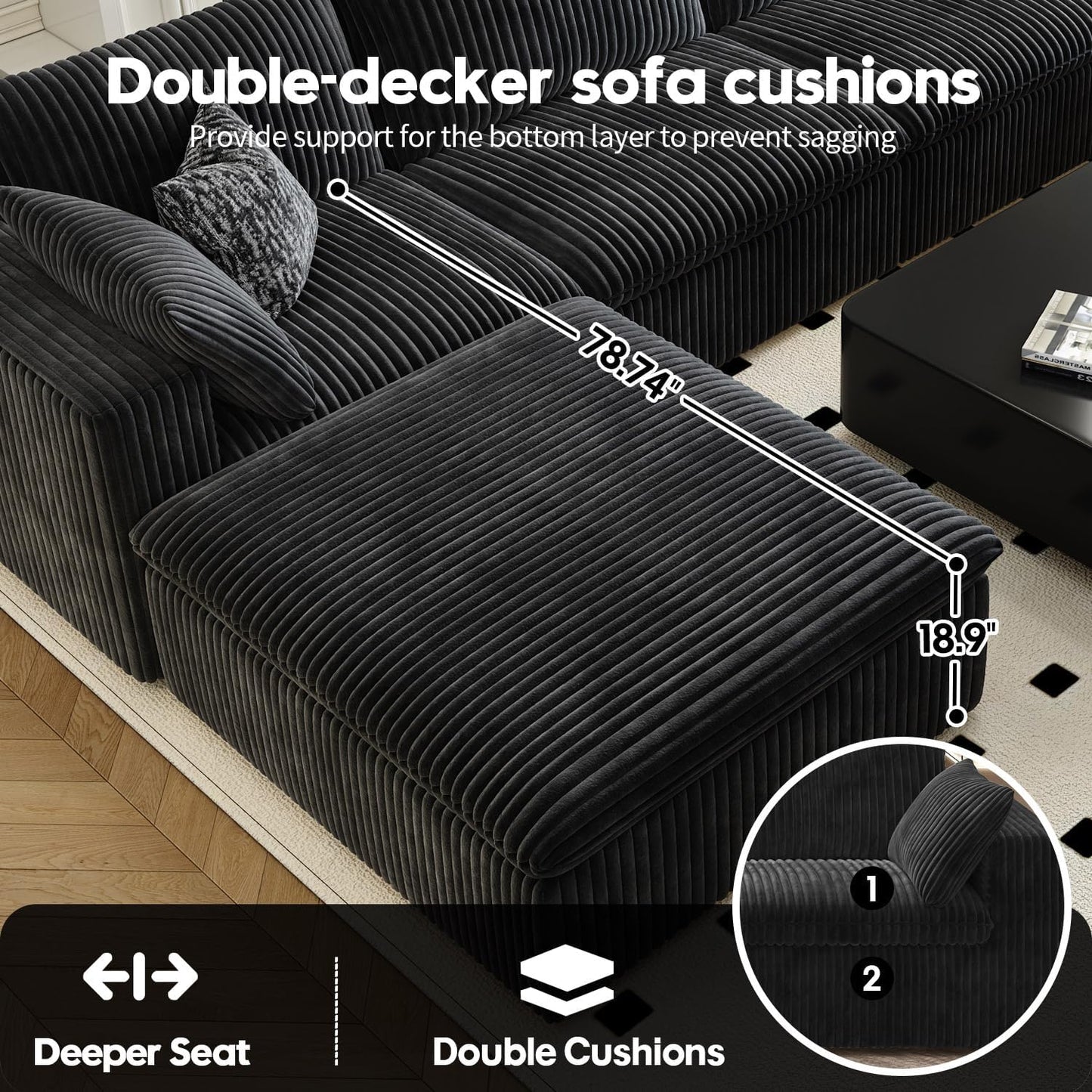 157.5" Cloud Couch Modular Sectional Sofa for Living Room,Modern Sofa with Deep Seat,L-Shape Boneless Couch with Ottoman,Comfy Upholstered Corduroy Couches for Apartment, Studio, Office,Bedroom,Black