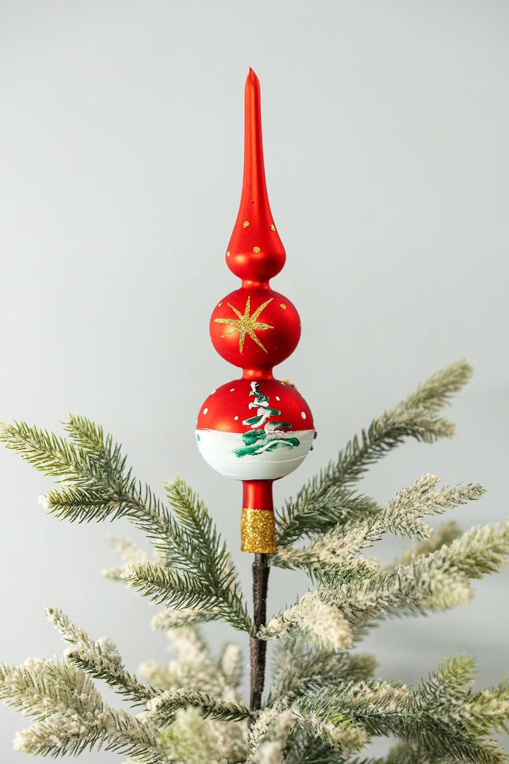 Christmas Tree Topper Spitz Glass Mouth Blown Hand-Decorated Embellishments (Red Matt, 12 inch)