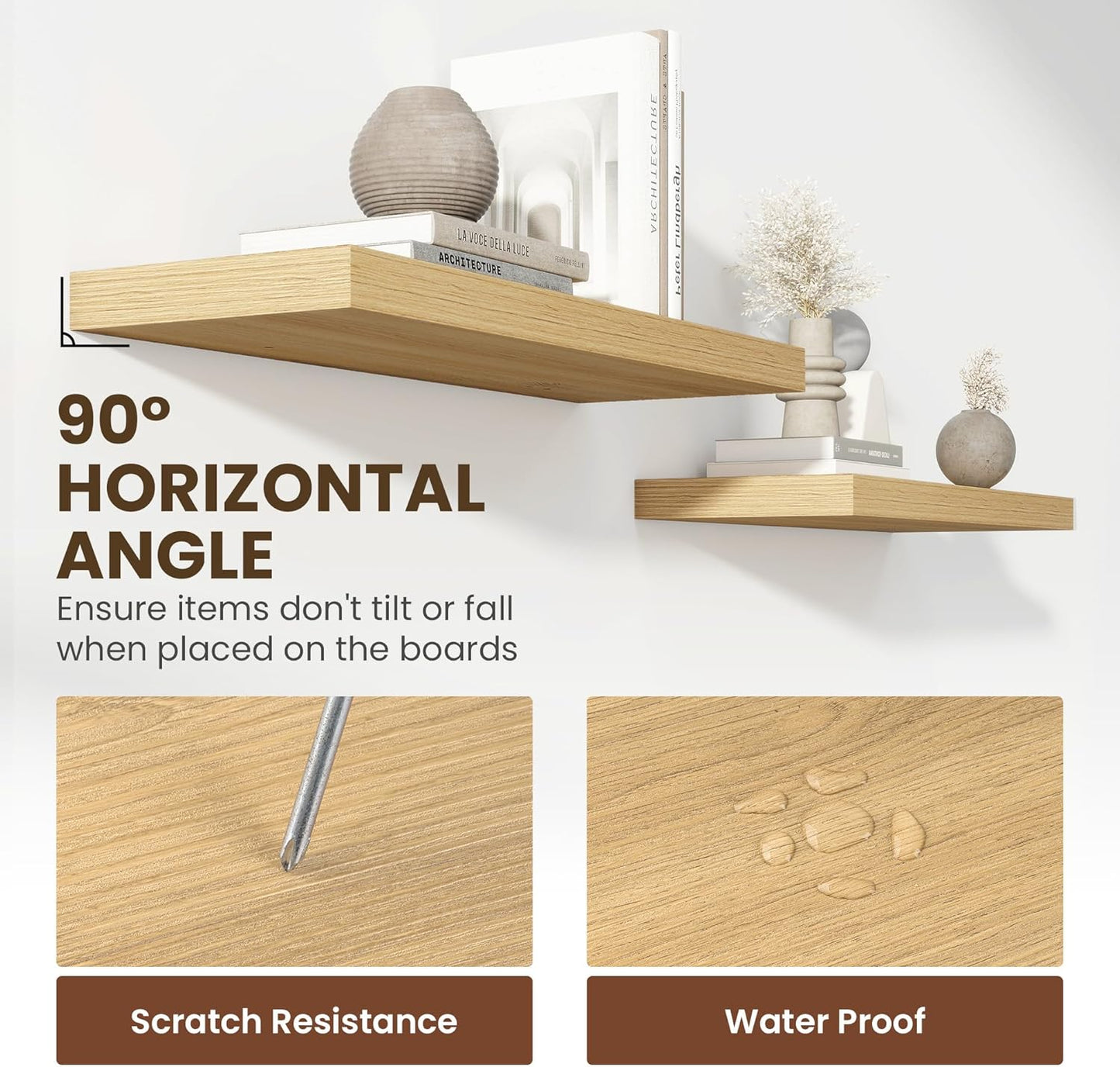 36 Inch Floating Shelves, 11.6 Inch Deep Floating Shelves for Wall, Floating Shelf with Invisible Brackets, Deep Shelves for Bathroom, Bedroom, Living Room, 2 Pack, Natural