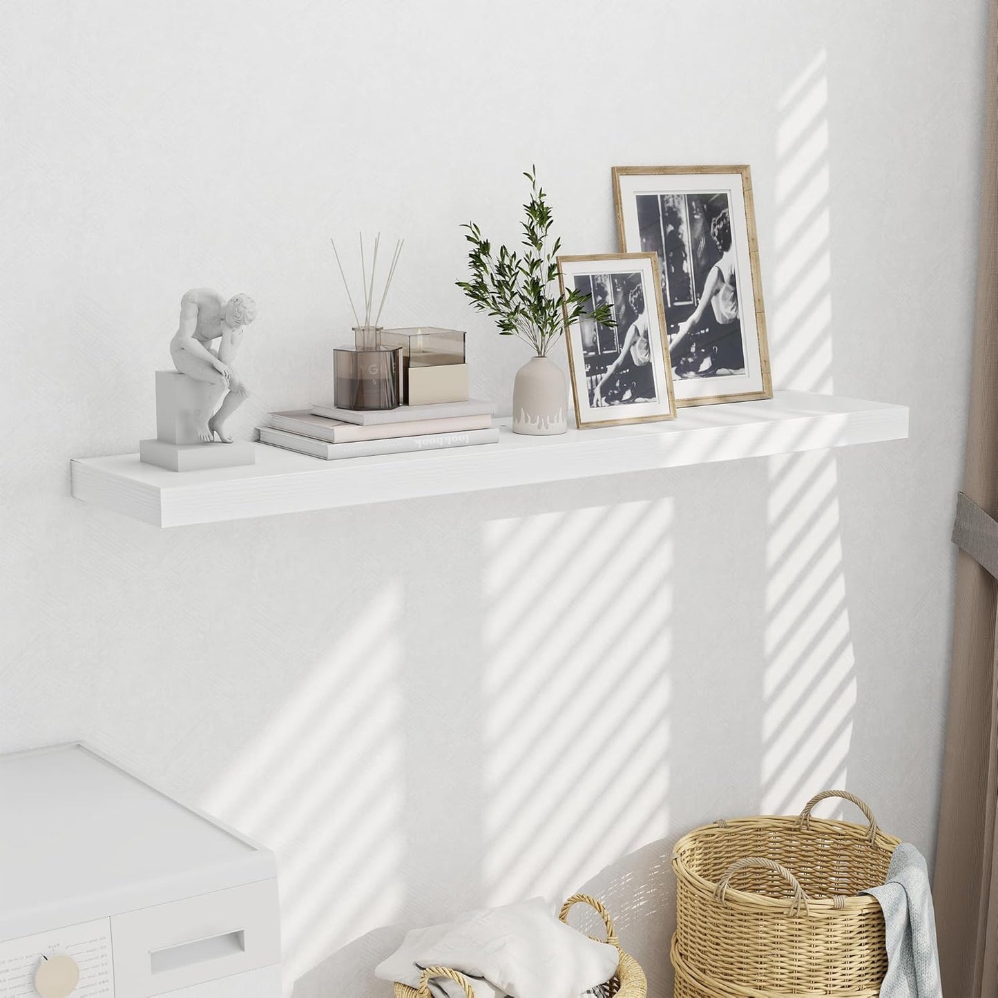 Fun Memories 55 Inch Fireplace Mentel Shelf, 10 Inch Deep Shelves for Display & Wall Storage, Rustic Wood Wall Shelf, Extra Long Floating Shelves for Living Room Laundry Room, White, Set of 1