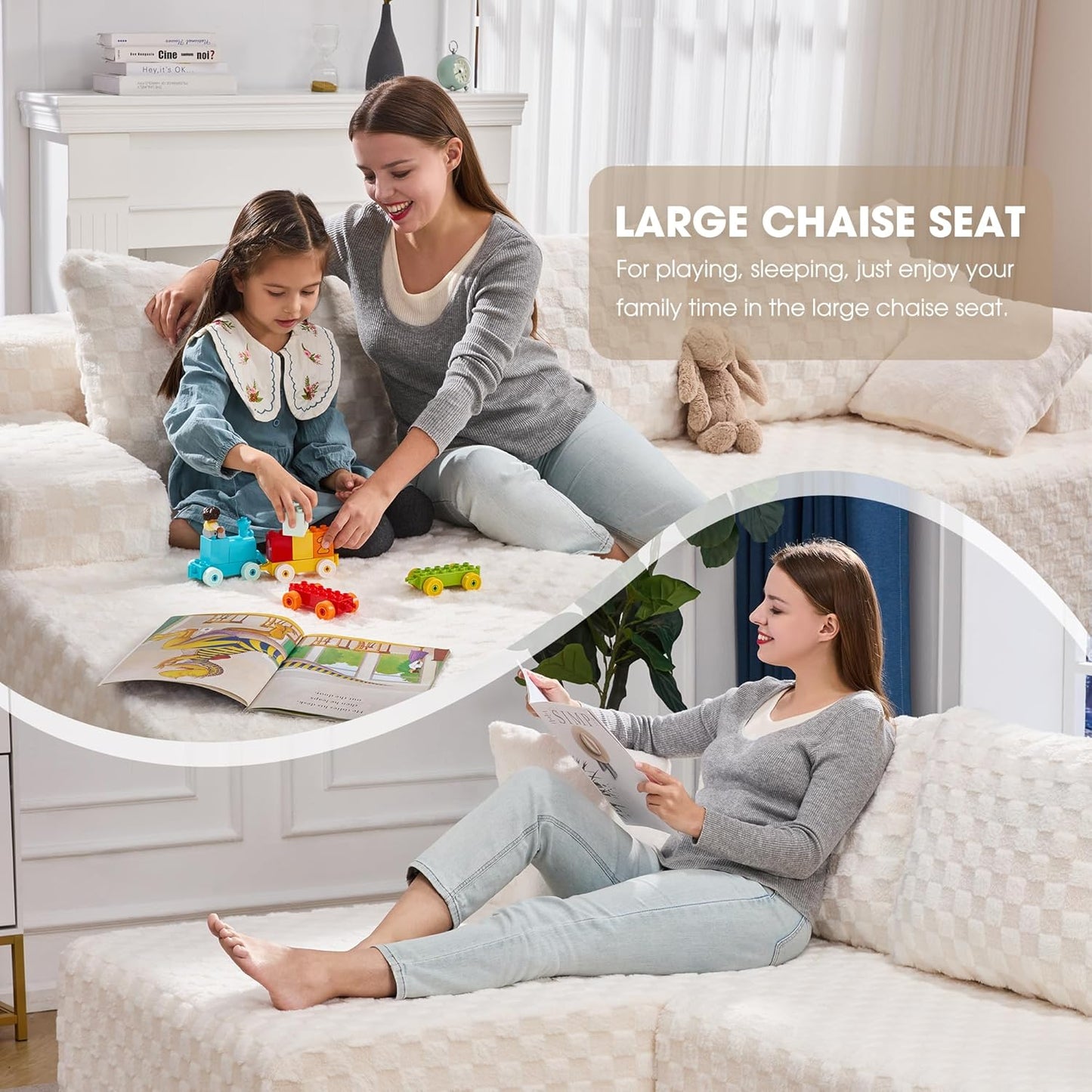 Hobestluk 96” Modular Sectional Sofa Couches L-Shape Couch 3 Seat Modular Sofa Memory Foam Sectional Couches for Living Room, Cloud Couch with Oversized Chaise (White, Checked (Left Facing Chaise))