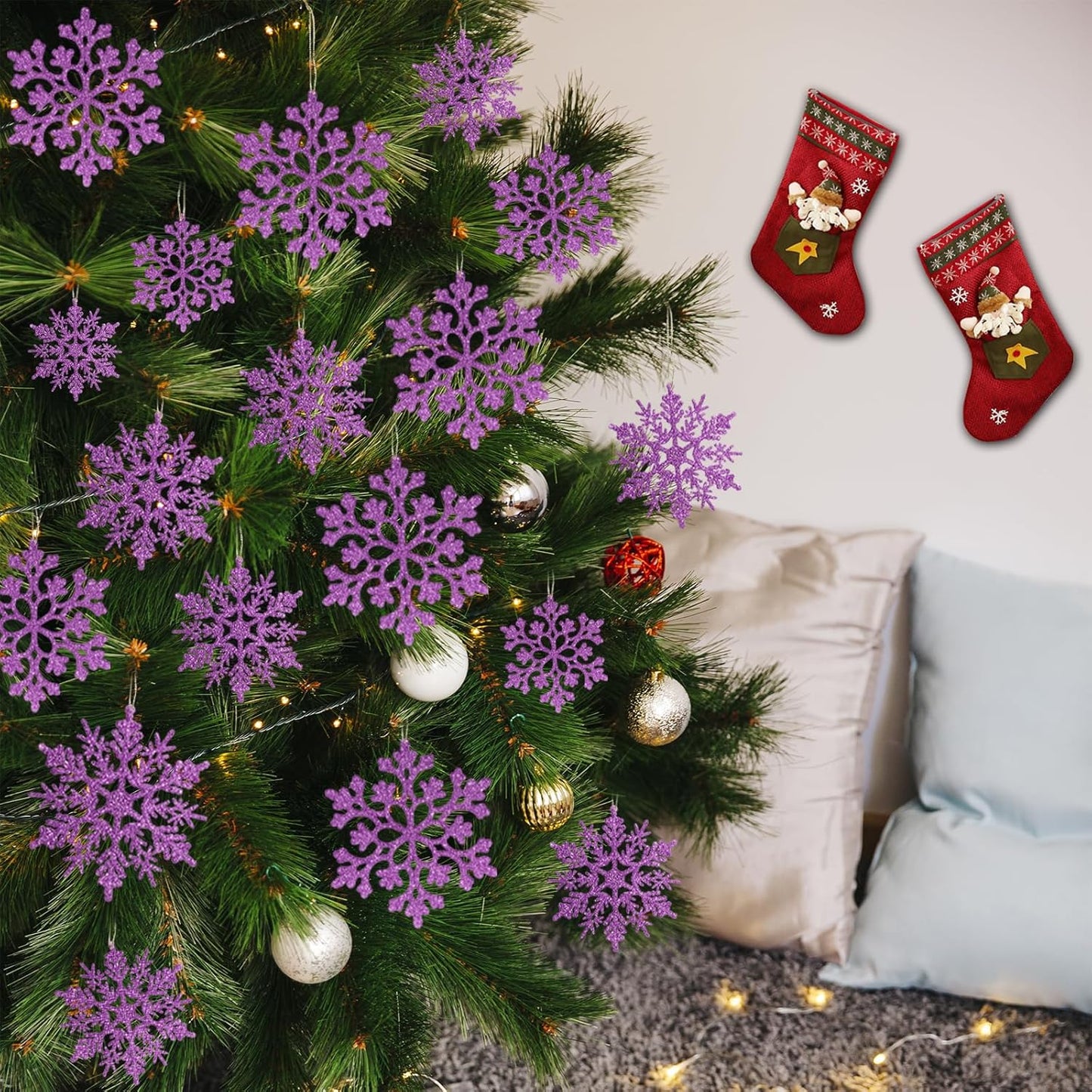 36pcs Christmas Light Purple Snowflake Ornaments,Plastic Light Purple Snow Flakes Hanging Ornaments for Christmas Tree Decor Winter Wonderland Frozen Birthday Party Holiday Home Decor Craft Snowflake