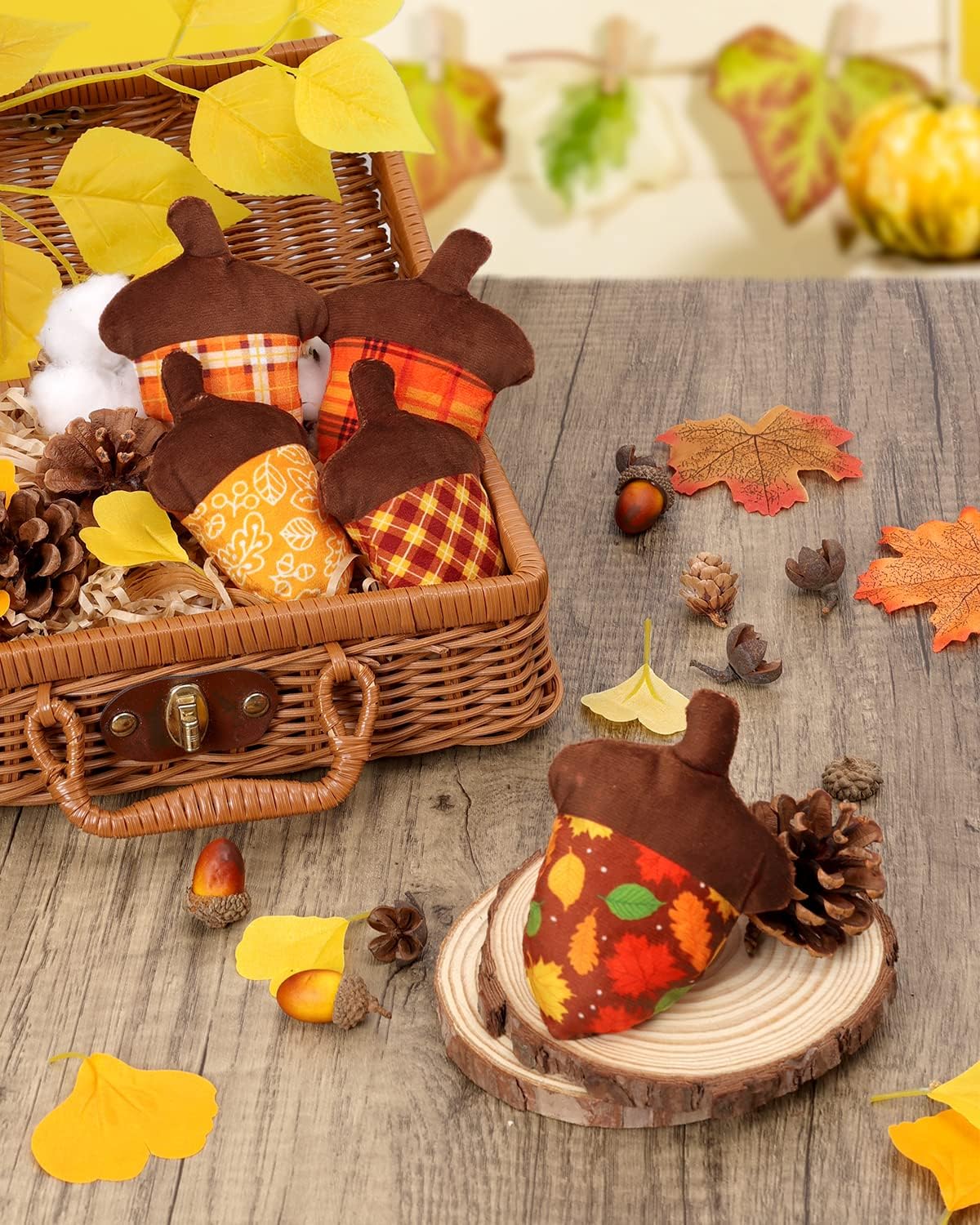 5PCS Fall Stuffed Acorns Plush Decorations 4.5'' x 3.5'' Autumn Fabric Acorn Decor, Bowl Basket Tray Fillers Dinner Table Centerpiece Harvest Thanksgiving Tree Hanging Ornament Fall Tiered Tray Decor