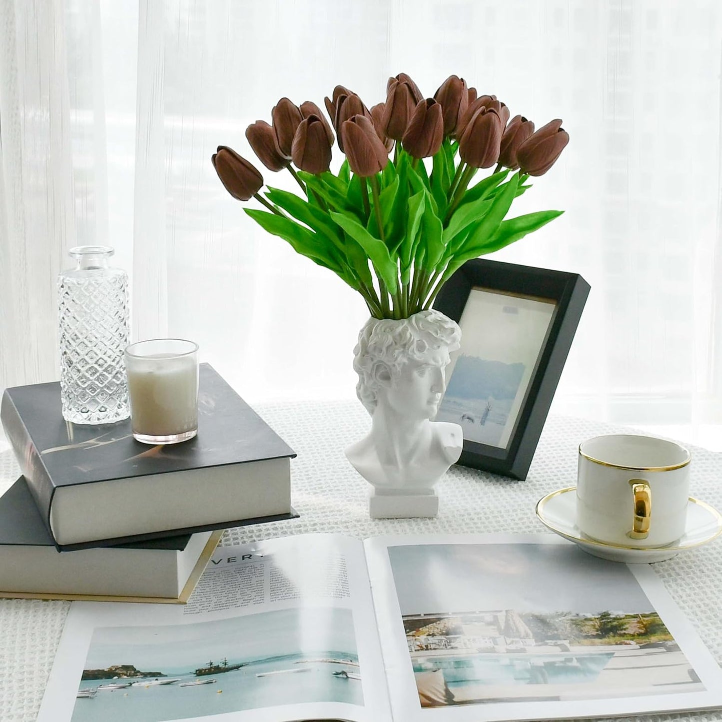 Mandy's Artificial Tulips 20 Stems Brown PU Faux Flowers for Wedding Home Decor 13.5 Inch