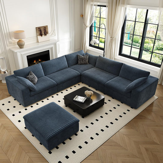 118" Cloud Couch Oversized Modular Sectional Sofa for Living Room,Modern Sofa with Deep Seat,6 Seater Boneless Couch,Comfy Upholstered Corduroy Couches for Apartment, Studio, Office,Bedroom,Blue