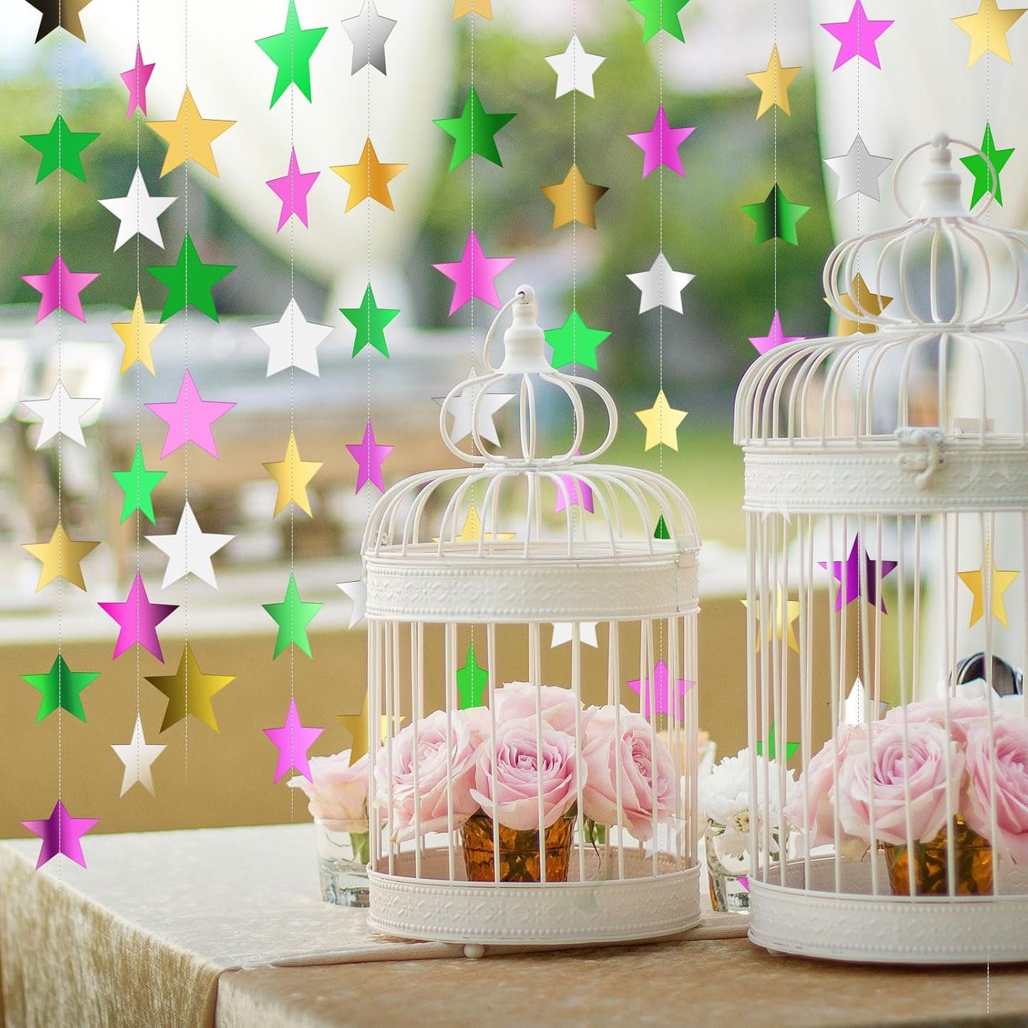 Patelai Glitter Star Garland Banner Decor 130 Feet Star Hanging Bunting Banner Twinkle Backdrop for Homecoming Classroom Wedding Birthday Halloween Christmas Party Supplies(Green,Pink,Gold,Silver)