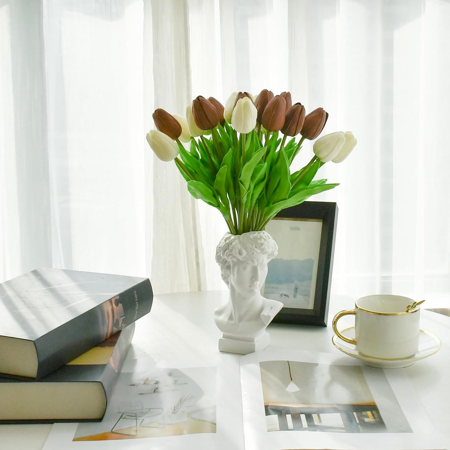 Mandy's Artificial Tulips 20 Stems White and Brown PU Faux Flowers for Wedding Home Decor 13.5 Inch