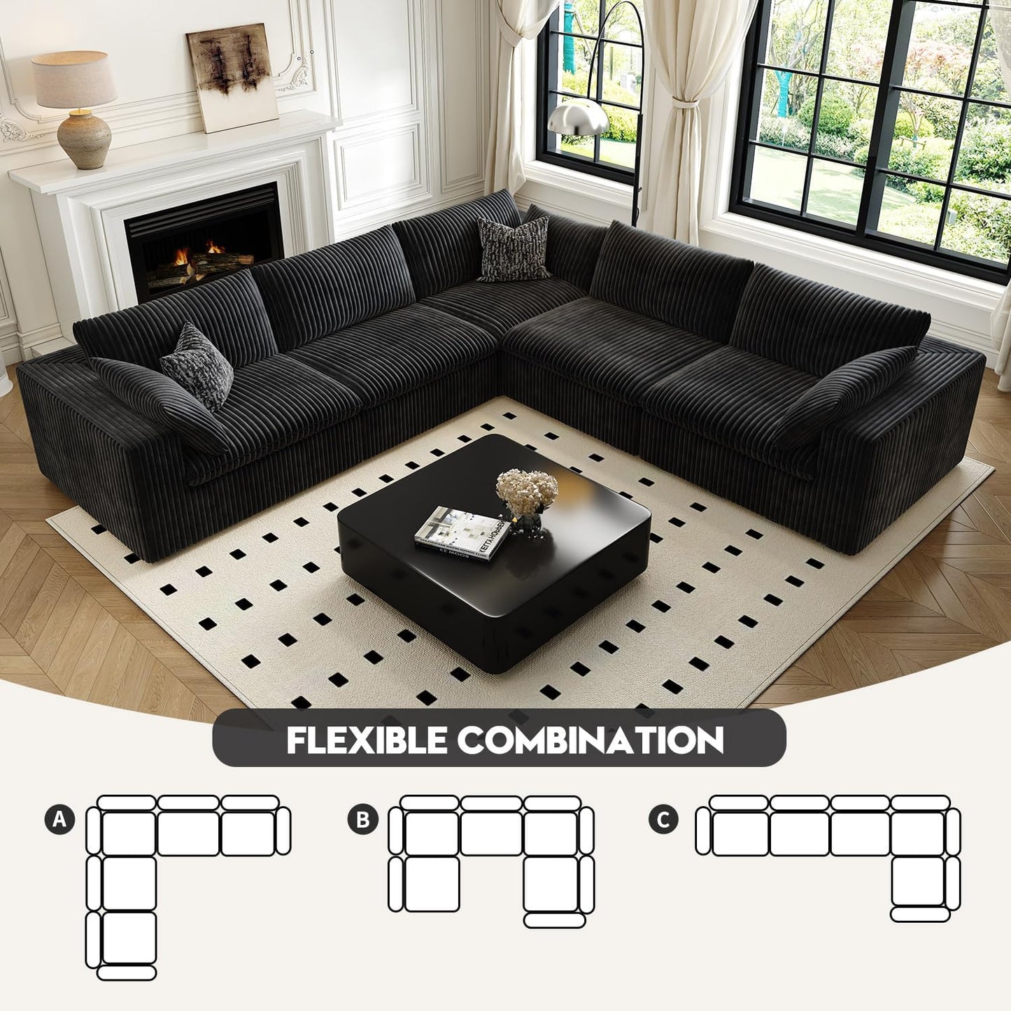 118" Cloud Couch Oversized Modular Sectional Sofa for Living Room,Modern Sofa with Deep Seat,V Shaped Boneless Couch,Comfy Upholstered Corduroy Couches for Apartment, Studio, Office,Bedroom,Black