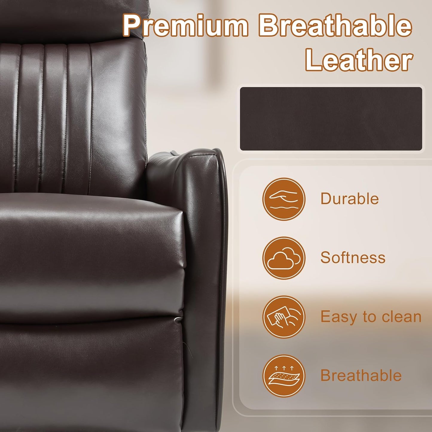 Manual Swivel Rocker Recliner Chair for Adults, Overstuffed Reclining Glider Chair for Nursing with Vibration Massage & Heat, Living Room Rocking Recliner 2-Stage backrest, Faux Leather Brown