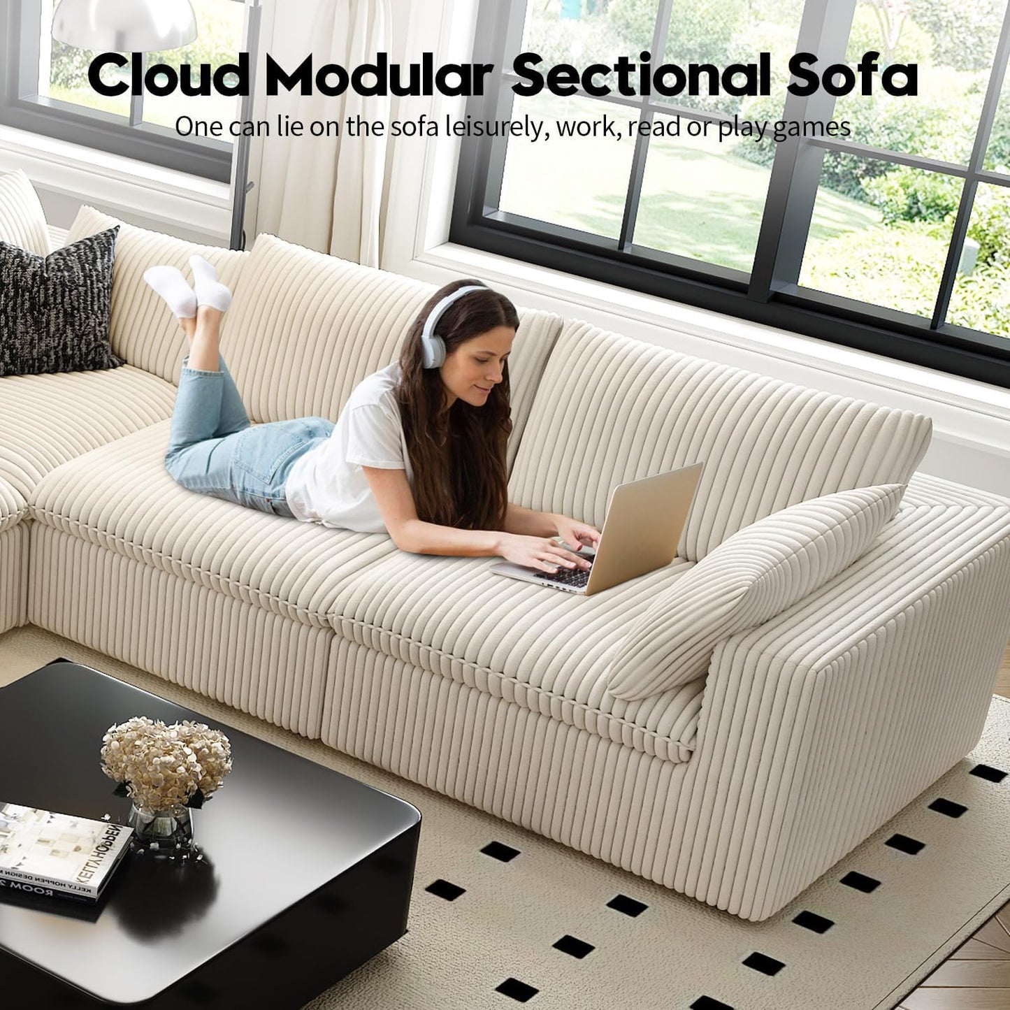 157.5" Cloud Couch Modular Sectional Sofa for Living Room,Modern Sofa with Deep Seat,4 Seater Boneless Couch,Comfy Upholstered Corduroy Couches for Apartment, Studio, Office,Bedroom,White
