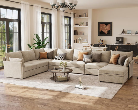 166.6" Oversized Modular Sectional Sofa, U Shaped Convertible Couch with Movable Ottoman, Large 8 Seat Corner Couches for Living Room Deep Seat Beige Chenille