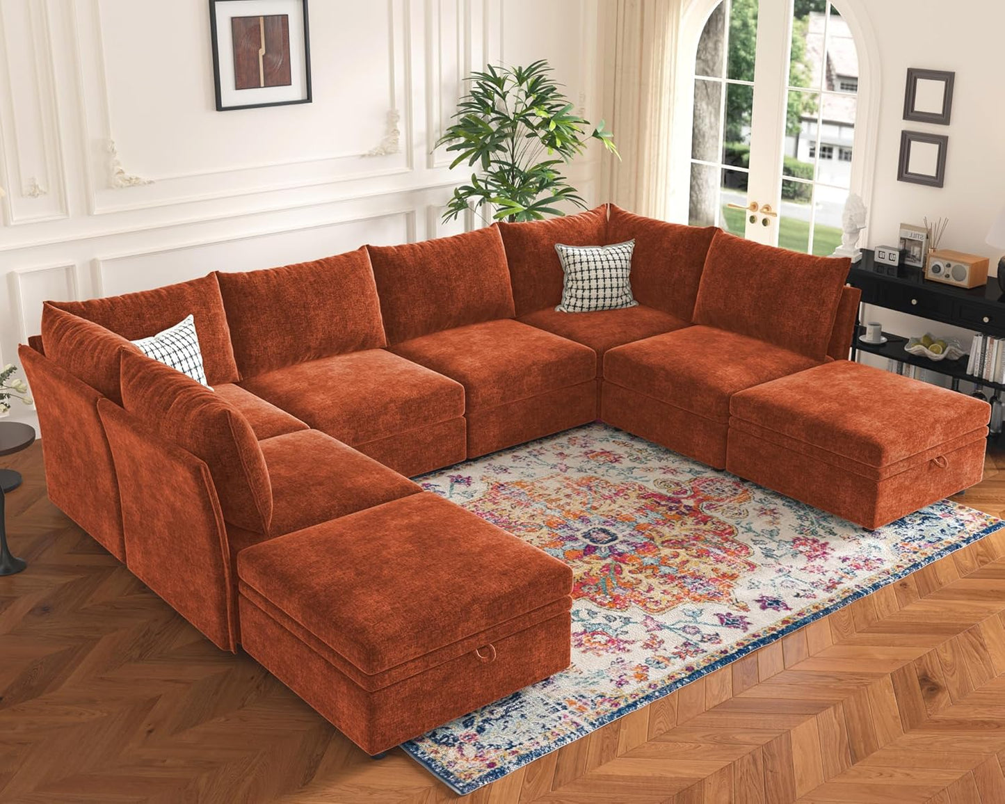 136.4" Oversized Modular Sectional Sleeper Sofa Bed, U Shaped Convertible Couch with Movable Ottoman, Large 8 Seat Corner Couches for Living Room Deep Seat Terracotta Orange Chenille