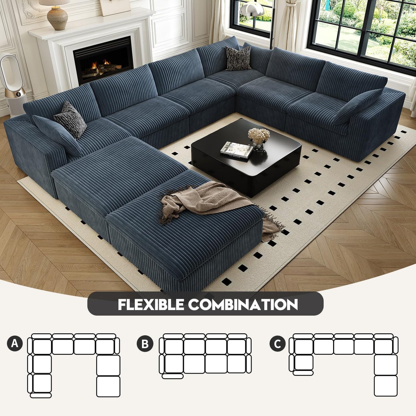 157.5" Cloud Couch Oversized Modular Sectional Sofa for Living Room,Modern Sofa with Deep Seat,8 Seater Boneless Couch with 2 Ottoman,Comfy Upholstered Couches for Apartment, Studio, Office,Blue