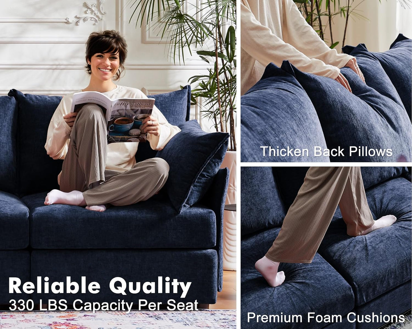 136.4" Oversized Modular Sectional Sofa, U Shaped Convertible Couch with Movable Ottoman, Large 7 Seat Corner Couches for Living Room Deep Seat Blue Chenille