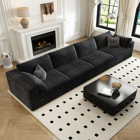 157.5" Cloud Couch Modular Sectional Sofa for Living Room,Modern Sofa with Deep Seat,4 Seater Boneless Couch,Comfy Upholstered Corduroy Couches for Apartment, Studio, Office,Bedroom,Black