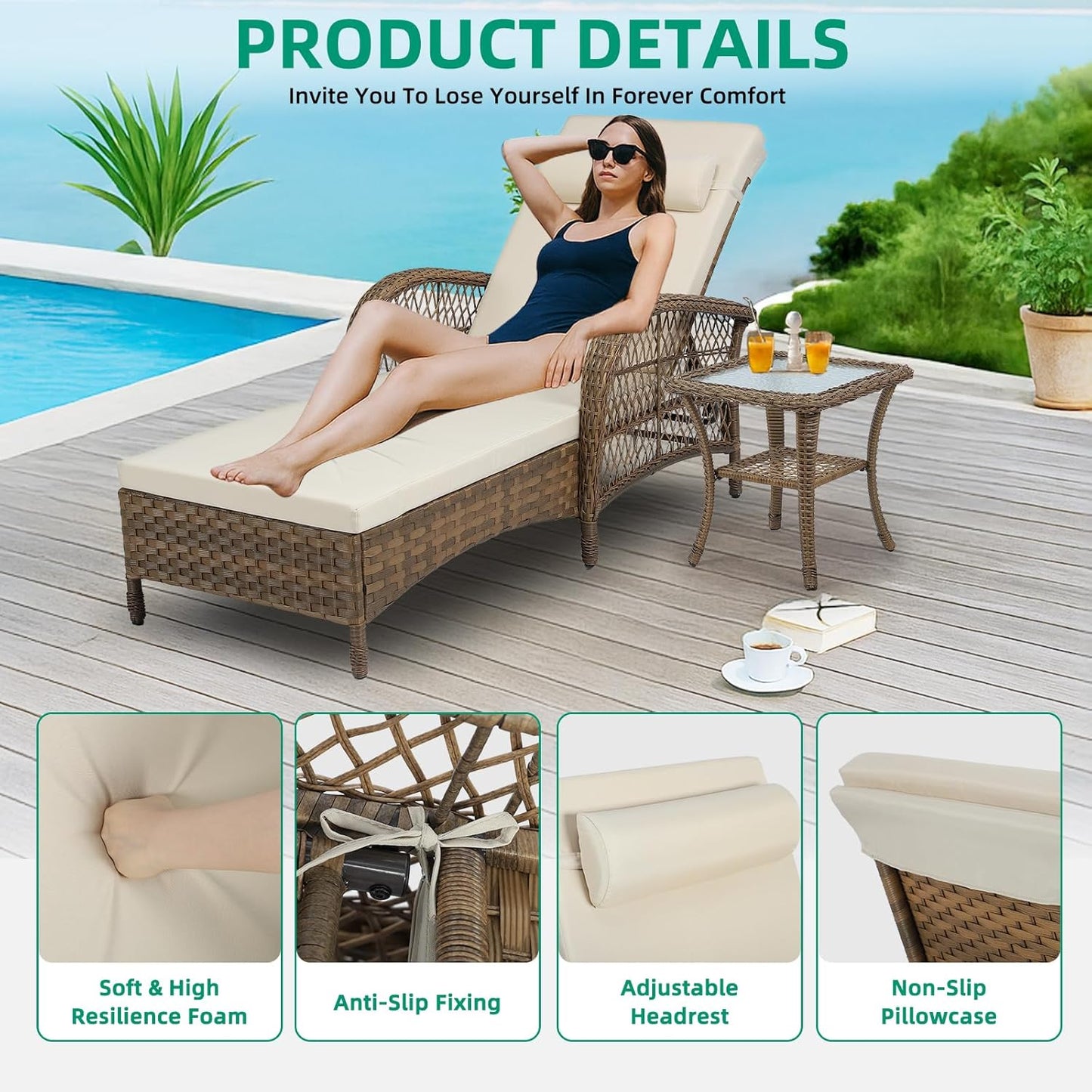 VIVIJASON Outdoor Wicker Chaise Lounge Chair, All-Weather PE Rattan Cushioned Patio Lounger Set with Side Table, 6-Position Adjustable Outside Pool Sunbathing Recliner with Armrest & Pillow, Beige