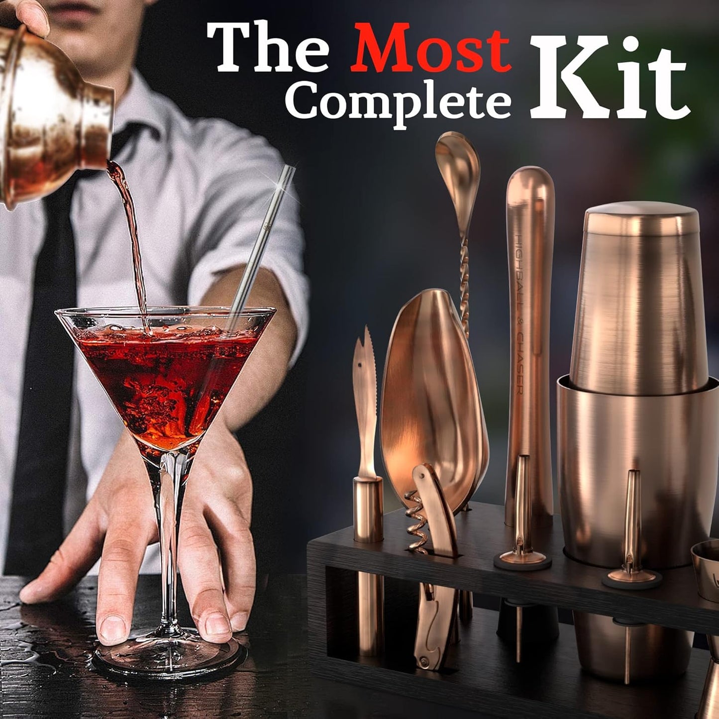 Highball & Chaser Bartender Kit with Black Bamboo Stand Beautiful Cocktail Shaker Set and Bar Tools Stainless Steel Boston Shaker Bartender Kit with Stand (Antique Copper)