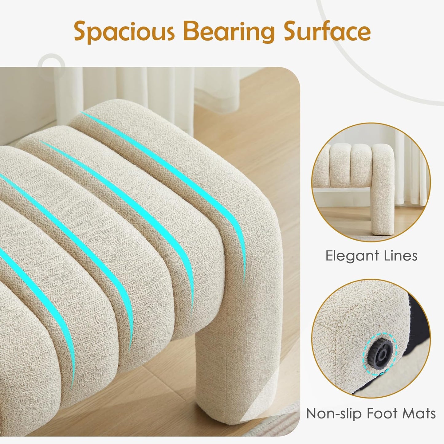 63" Bedroom Bench, Upholstered Entryway Bench, Modern End of Bed Ottoman with Solid Wood Legs and Adjustable Foot Pegs for Entryway, Dining Room and Living Room (Beige Linen)