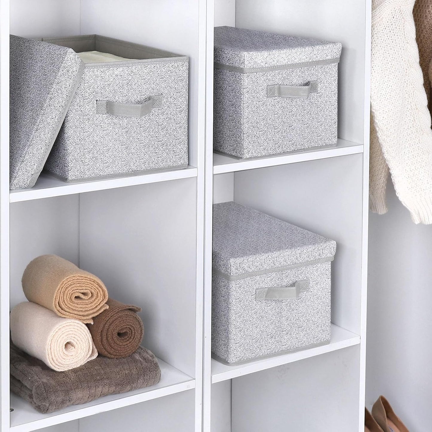 WUIKE Foldable Storage Bins with Lids, Storage Boxes with Handles, Closet Shelf Organizer, Fabric Storage Baskets for Bedroom, Decorative Storage Containers, Large, Ash Gray, 3-Pack