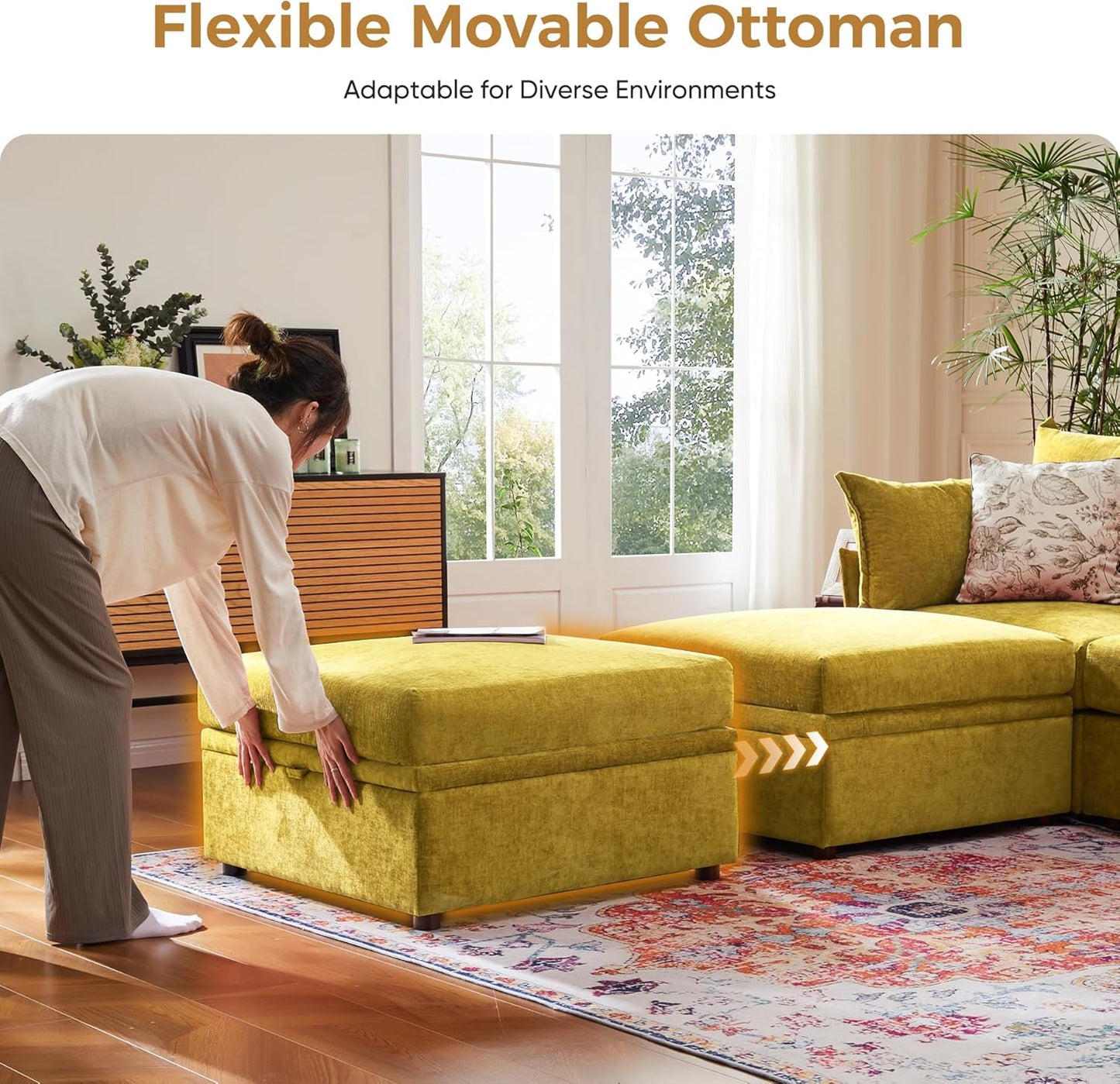 134.6" Oversized Modular Sectional Sofa, Large 7 Seater U Shaped Couch with Storage Ottoman with Reversible Chaise Deep Seat for Living Room, Apartment - Chenille Yellow