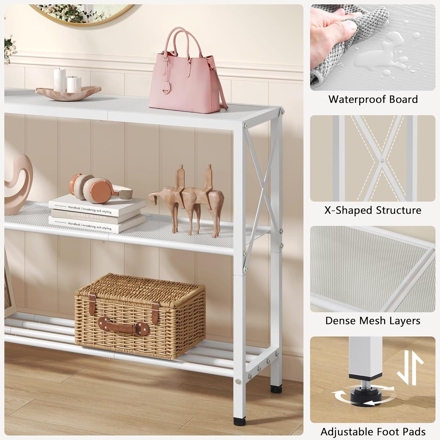 Hoctieon White Industrial Console Table, 3 Tier Entryway Tables, Hallway Desk, Narrow Sofa Tables with Shelves, Entrance Table for Entryway, Living Room, Foyer, Hallway, Office, White