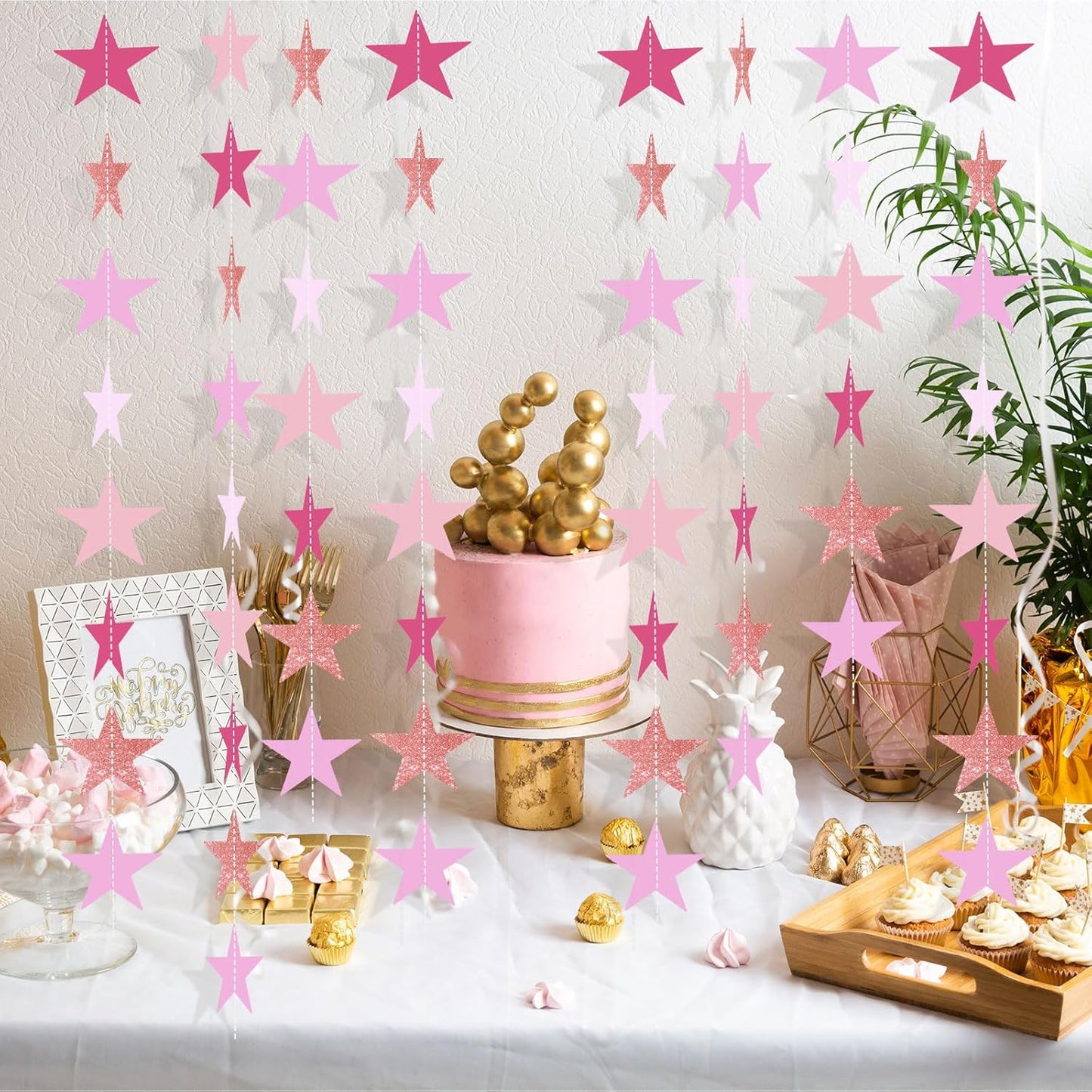 Patelai Glitter Star Garland Banner Decor 130 Feet Star Hanging Bunting Banner Twinkle Backdrop for Homecoming Classroom Wedding Birthday Halloween Christmas Party Supplies(Pink,Purple)