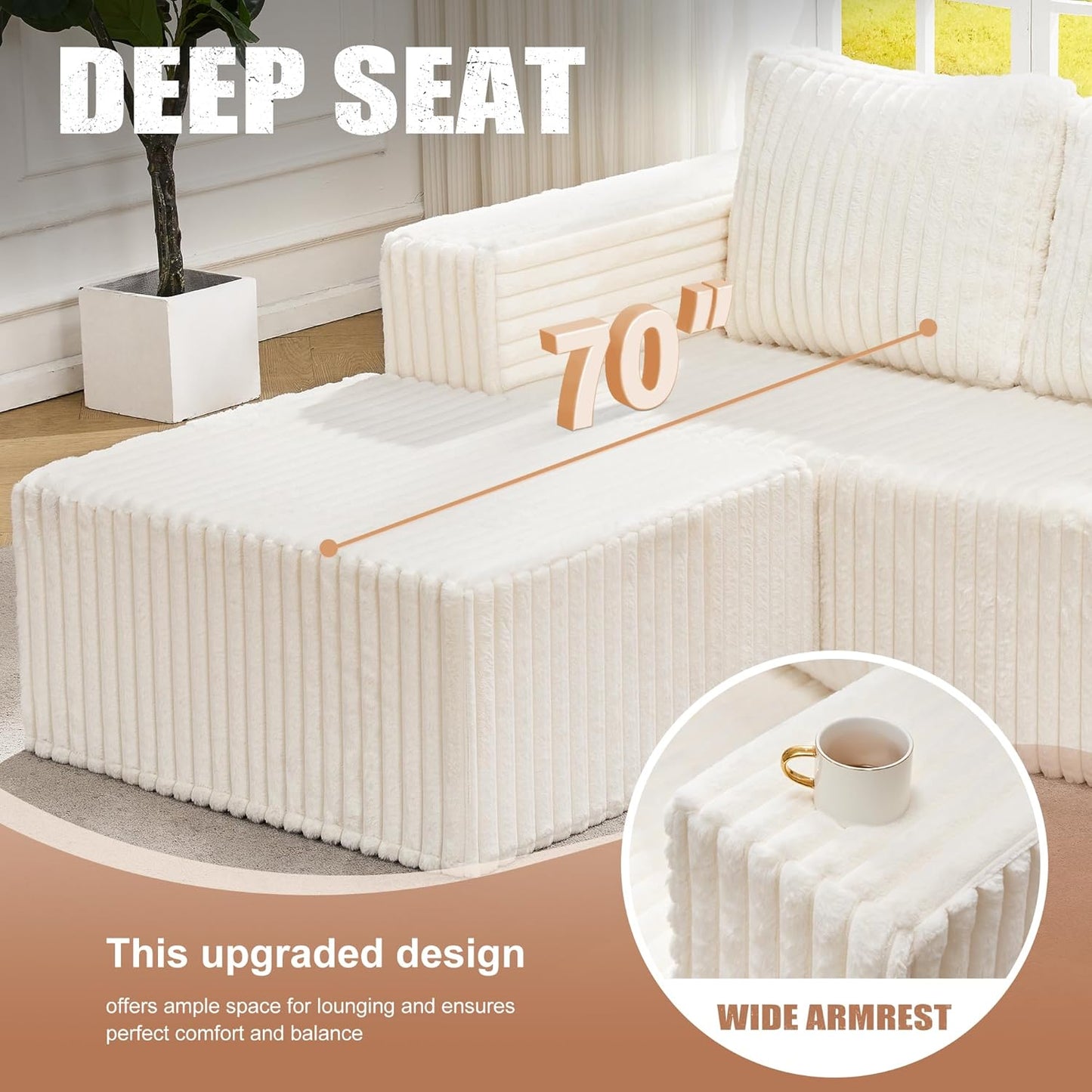 Hobestluk Modular Sectional Sofa Memory Foam Couch Oversized Sectional Sofa 3-Seater with Chaise Cloud Couch with Removable Cover L Shape Sofa for Living Room (Strip White, 3-Seater with Chaise)