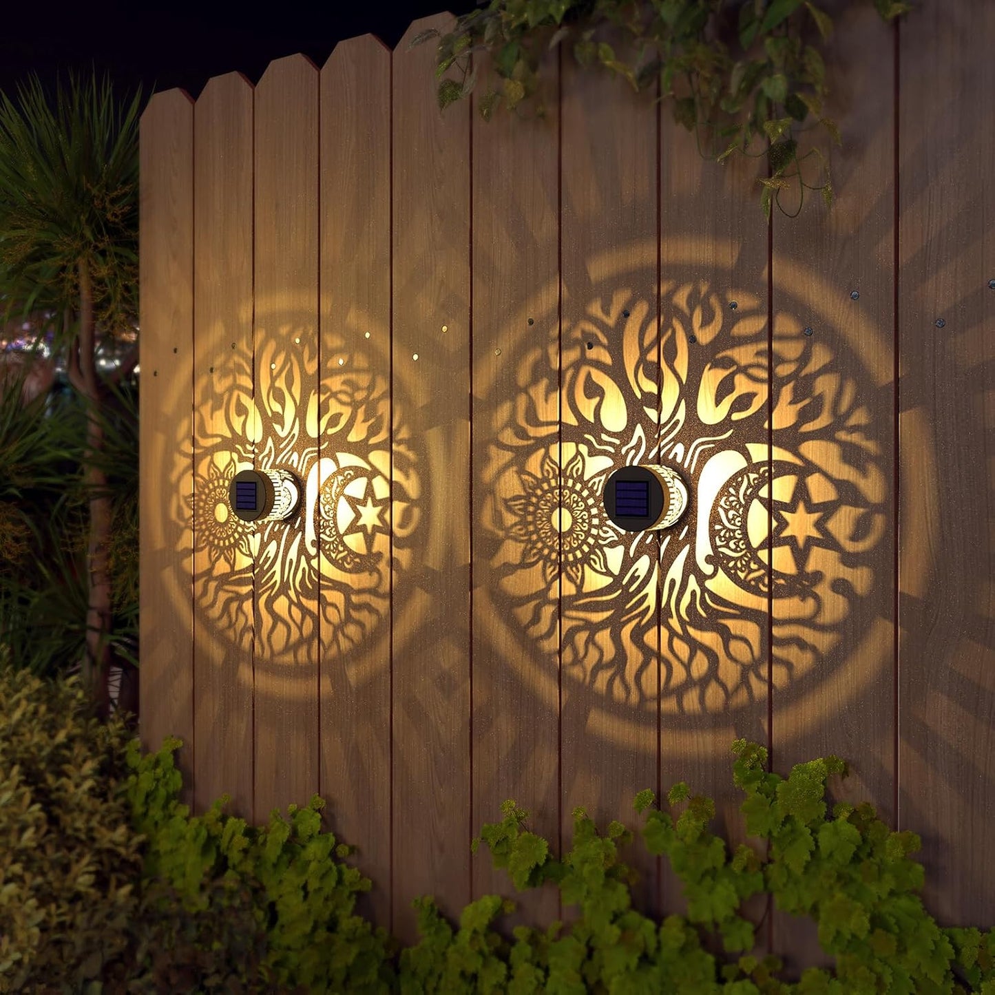 4 Pack Solar Fence Lights Metal Solar Powered Outdoor Wall Deck Step Lights Tree Theme Waterproof Fence Light for Garden Post Patio Backyard Yard Decor (Tree, 4 Pack)