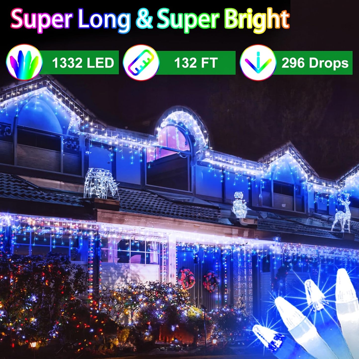 132FT 1332 LED Outdoor Christmas Lights - 296 Ice Drops, 12 Pro Modes with Timer Memory & Brightness, Waterproof Hanging Ice String Light for Holiday Wedding Garden Fence House Decor (White & Blue)