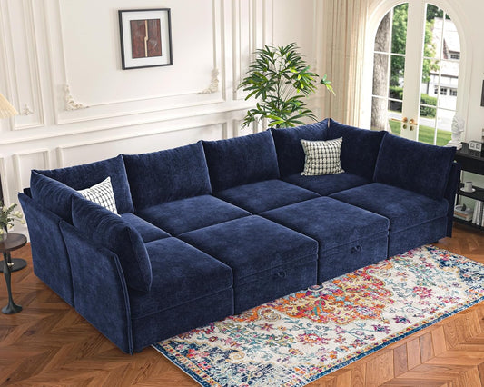 136.4" Oversized Modular Sectional Sleeper Sofa Bed, U Shaped Convertible Couch with Movable Ottoman, Large 8 Seat Corner Couches for Living Room Deep Seat Blue Chenille
