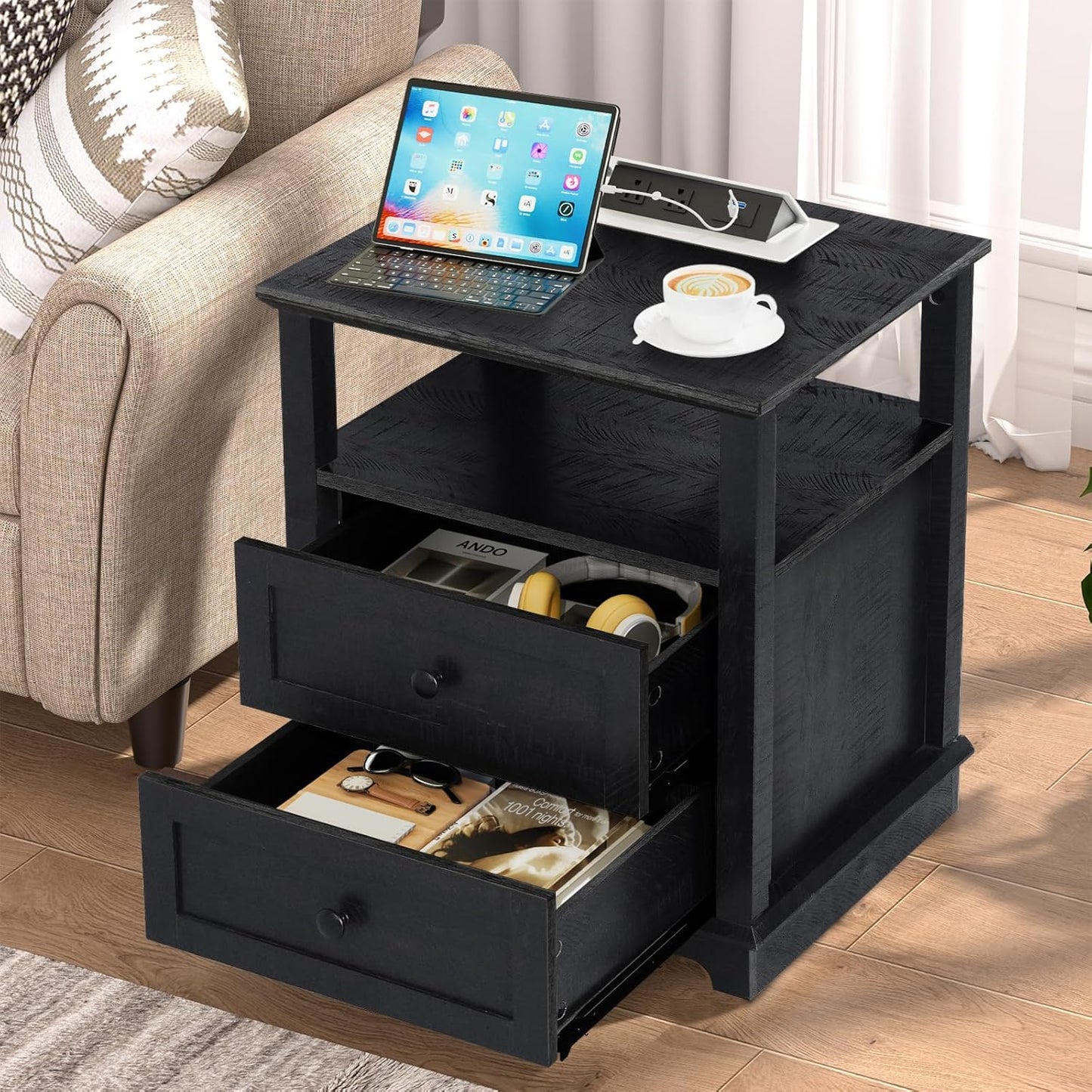 HIFYOBRO Large End Table Set of 2, 2 Drawers and Charging Station, Type-C & USB Port & Power outlets, Wooden End Table, Side Table with Storage for Living Room and Bedroom (Espresso)