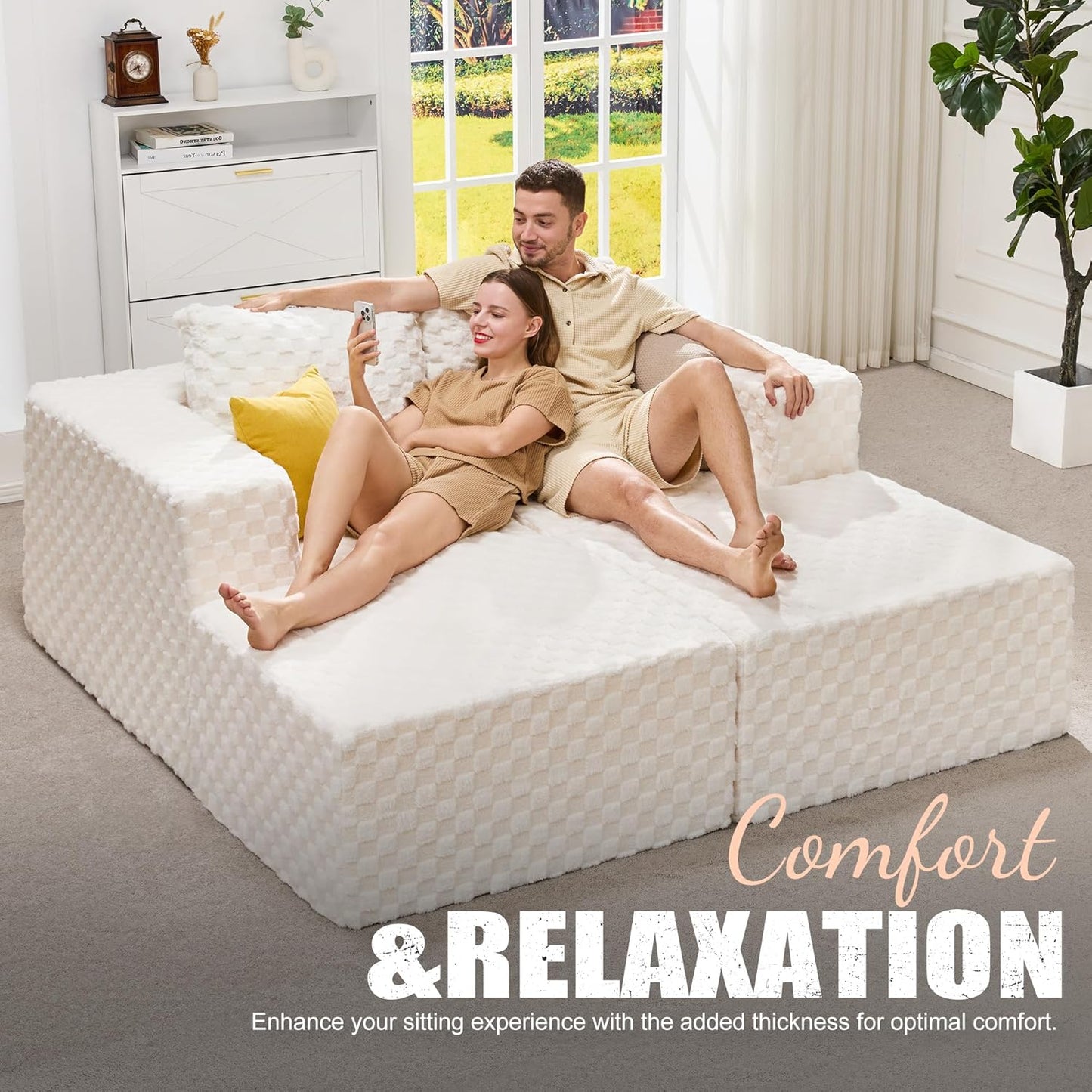 Hobestluk Modular Sectional Sofa Memory Foam Couch Sofa Bed Loveseat with Chaises Cloud Couch with Removable Cover Large Sectional Couches for Living Room (Plush White, Sofa Bed)