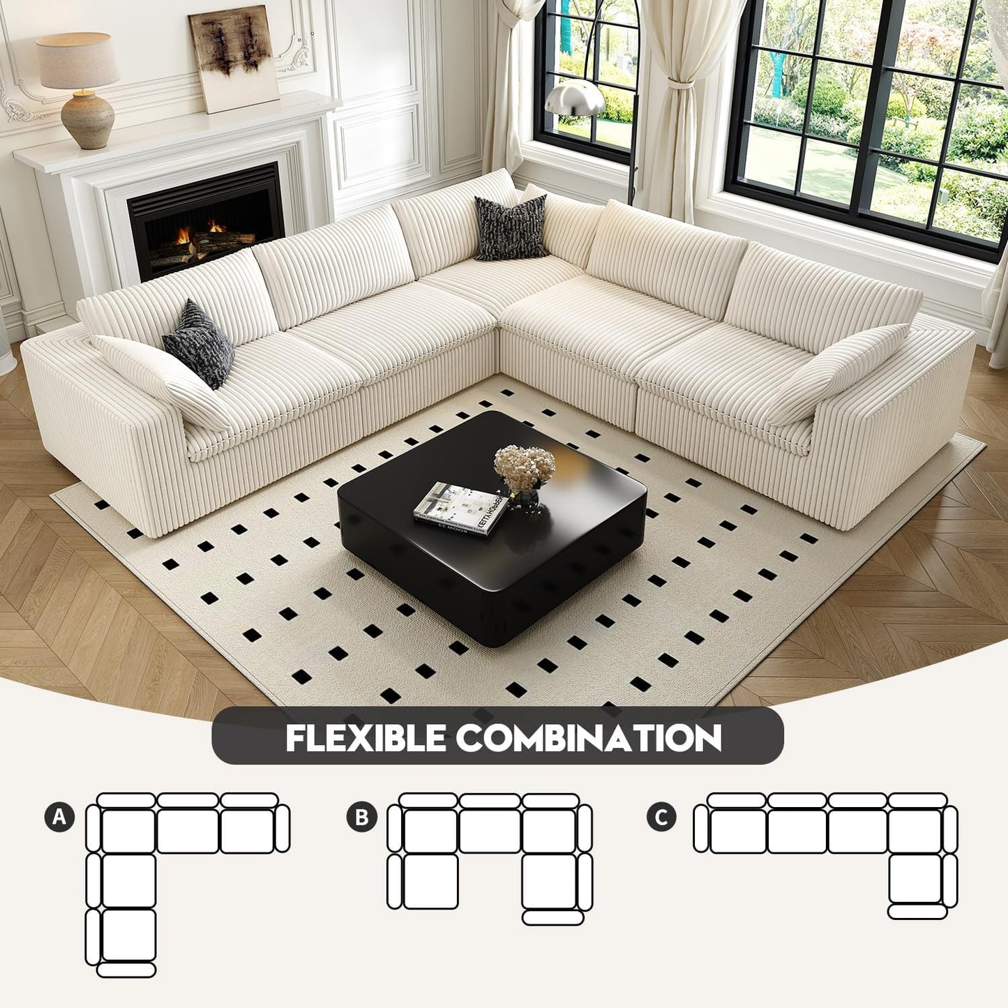 118" Cloud Couch Oversized Modular Sectional Sofa for Living Room,Modern Sofa with Deep Seat,V Shaped Boneless Couch,Comfy Upholstered Corduroy Couches for Apartment, Studio, Office,Bedroom,White
