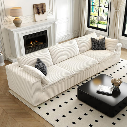 118" Cloud Couch Modular Sectional Sofa for Living Room,Modern Sofa with Deep Seat,3 Seater Boneless Couch,Comfy Upholstered Corduroy Couches for Apartment, Studio, Office,Bedroom,White