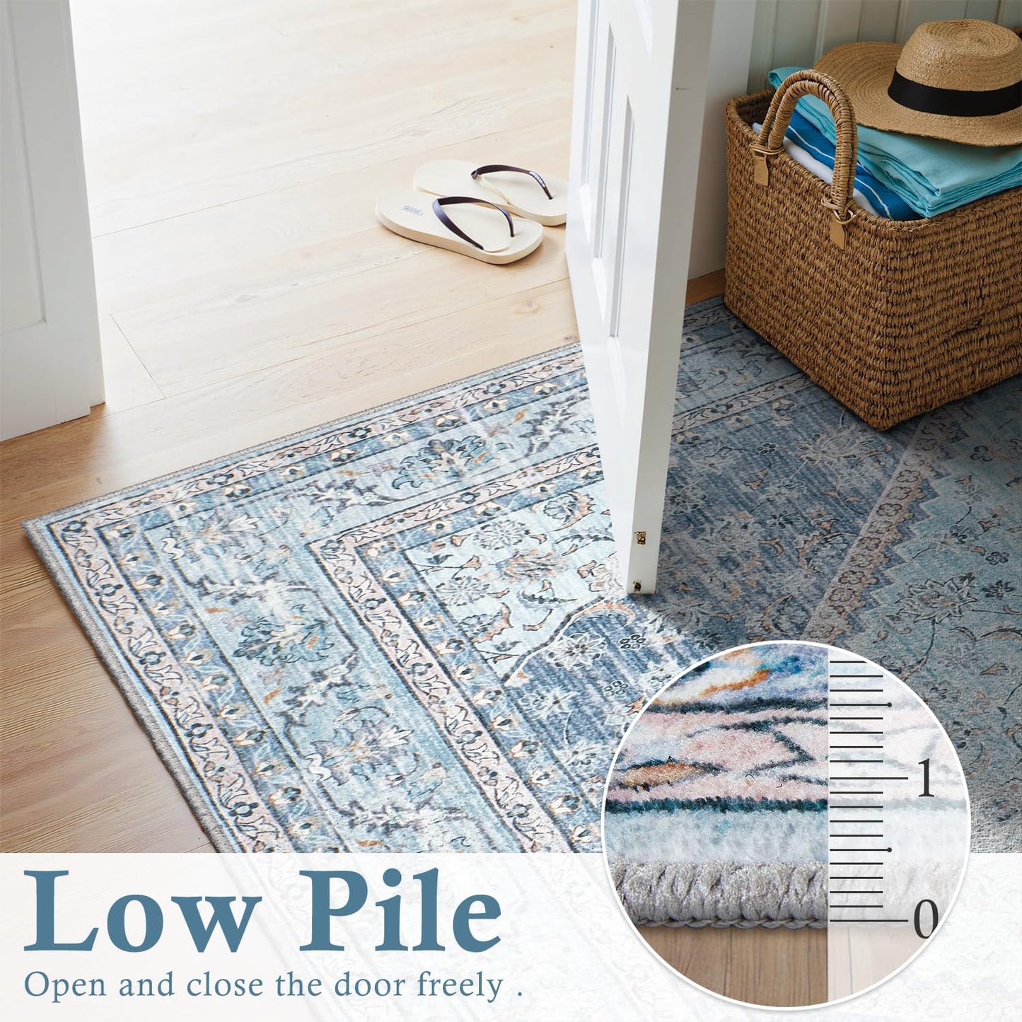 DCX Machine Washable Blue and Beige Area Rugs 5x7, Non Slip Stain Resistant Vintage Floral Rug for Living Room Bedroom Nursery, Soft Low Pile Large Carpet