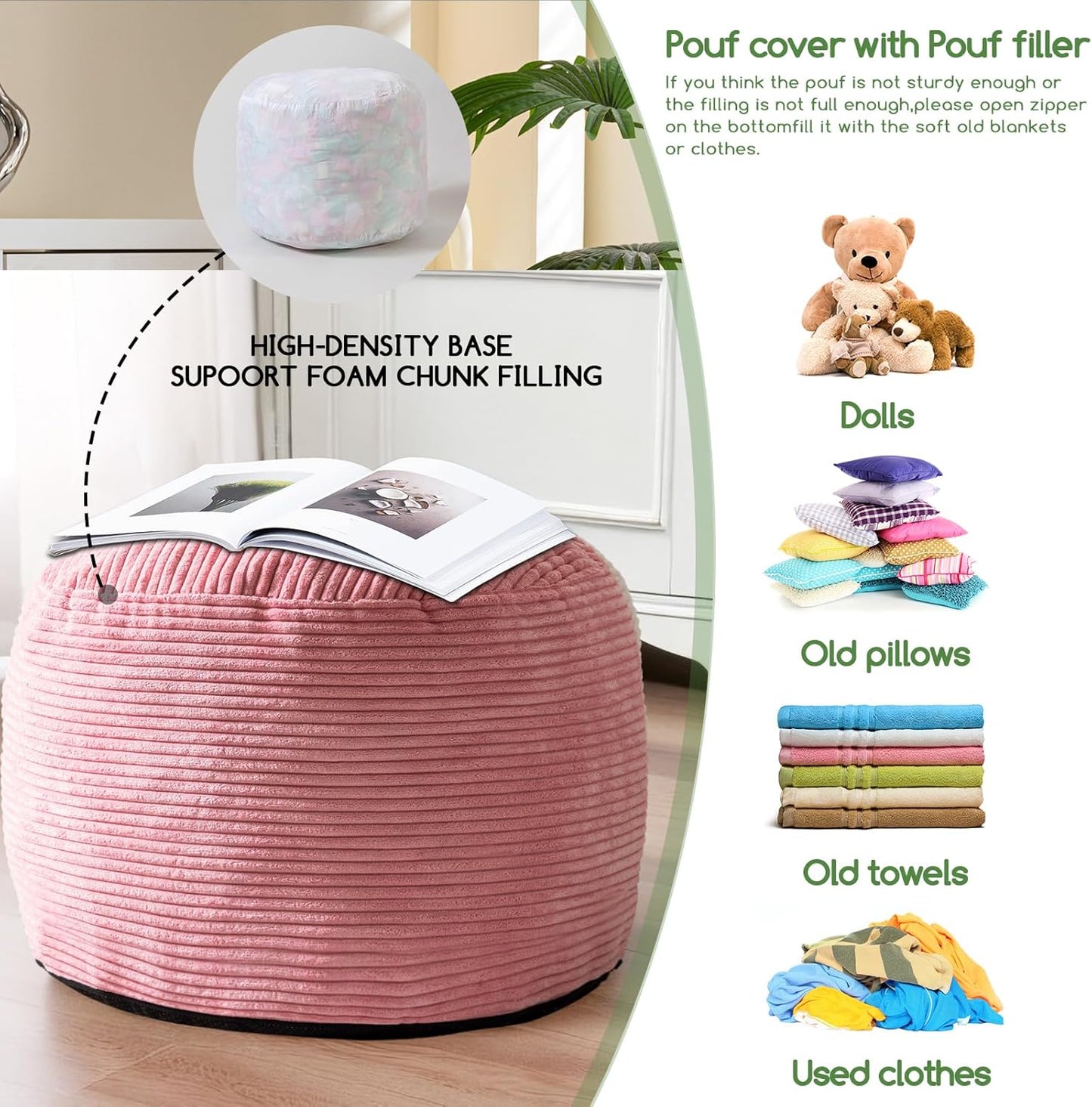 HIGOGOGO Round Stuffed Pouf Ottoman, Corduroy Poufs with Foam Chunk Filling, Furry and Fluffy Pouf Foot Stool Storage Ottoman, 20 X 15 Floor Poufs Foot Rest for Living Room, Pink