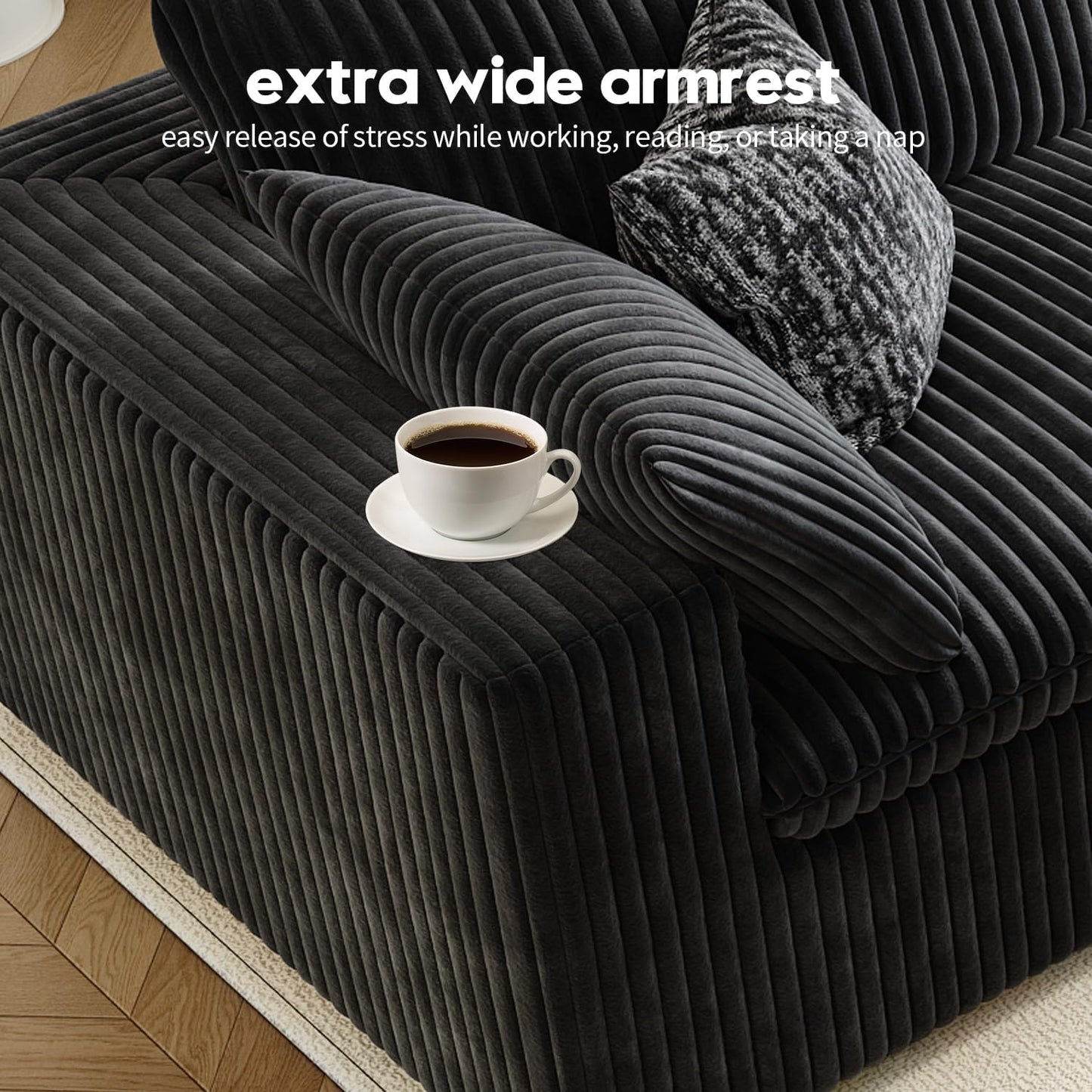 157.5" Cloud Couch Modular Sectional Sofa for Living Room,Modern Sofa with Deep Seat,4 Seater Boneless Couch,Comfy Upholstered Corduroy Couches for Apartment, Studio, Office,Bedroom,Black