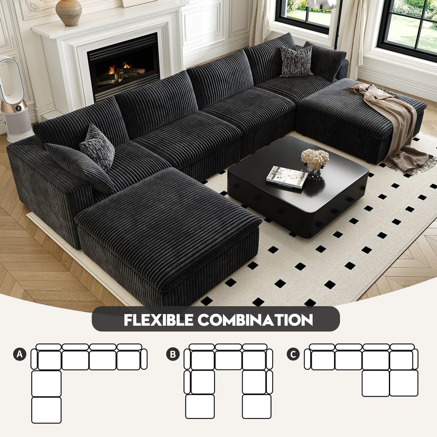 157.5" Cloud Couch Oversized Modular Sectional Sofa for Living Room,Modern Sofa with Deep Seat,U-Shape Boneless Couch with 2 Ottoman,Comfy Upholstered Couches for Apartment, Studio, Office,Black