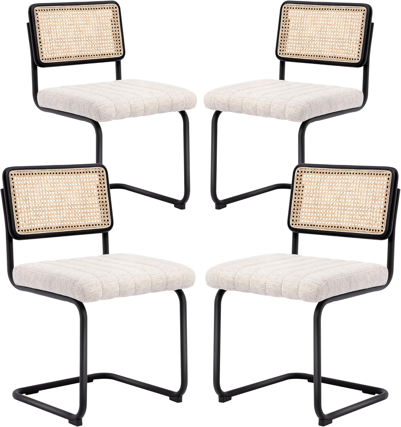 Natural Rattan Dining Chairs Set of 4, Modern Kitchen Chairs with Solid Wood Back, Upholstered Cesca Side Chairs with Comfy Linen Cushion