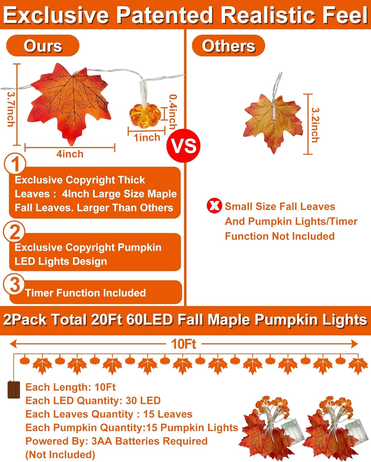 2 Pack & Timer - Fall Garland with Pumpkin Lights Halloween Fall Decor for Home 60LED 20Ft Enlarged Maples Leaves Halloween Garland Lights Indoor Battery Operated Thanksgiving Decor Wedding Christmas