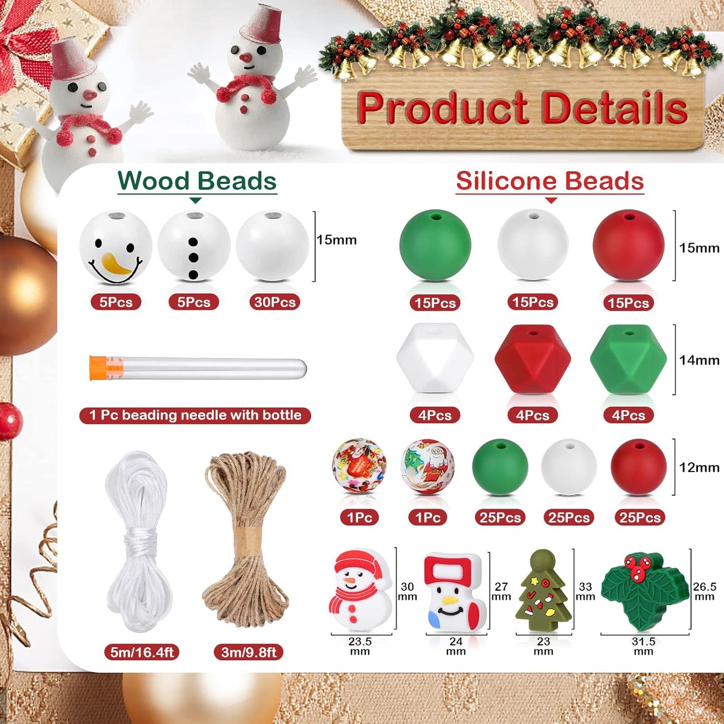 178 PCS Christmas Silicone Beads, Ornament Loose Beads Bulk with Xmas Santa Christmas Tree Silicone Beads Lanyard Snowman Wooden Beads Round Polished Spacer Bead for Decor DIY Jewelry Craft