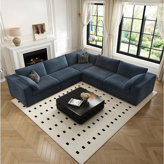 118" Cloud Couch Oversized Modular Sectional Sofa for Living Room,Modern Sofa with Deep Seat,V Shaped Boneless Couch,Comfy Upholstered Corduroy Couches for Apartment, Studio, Office,Bedroom,Blue