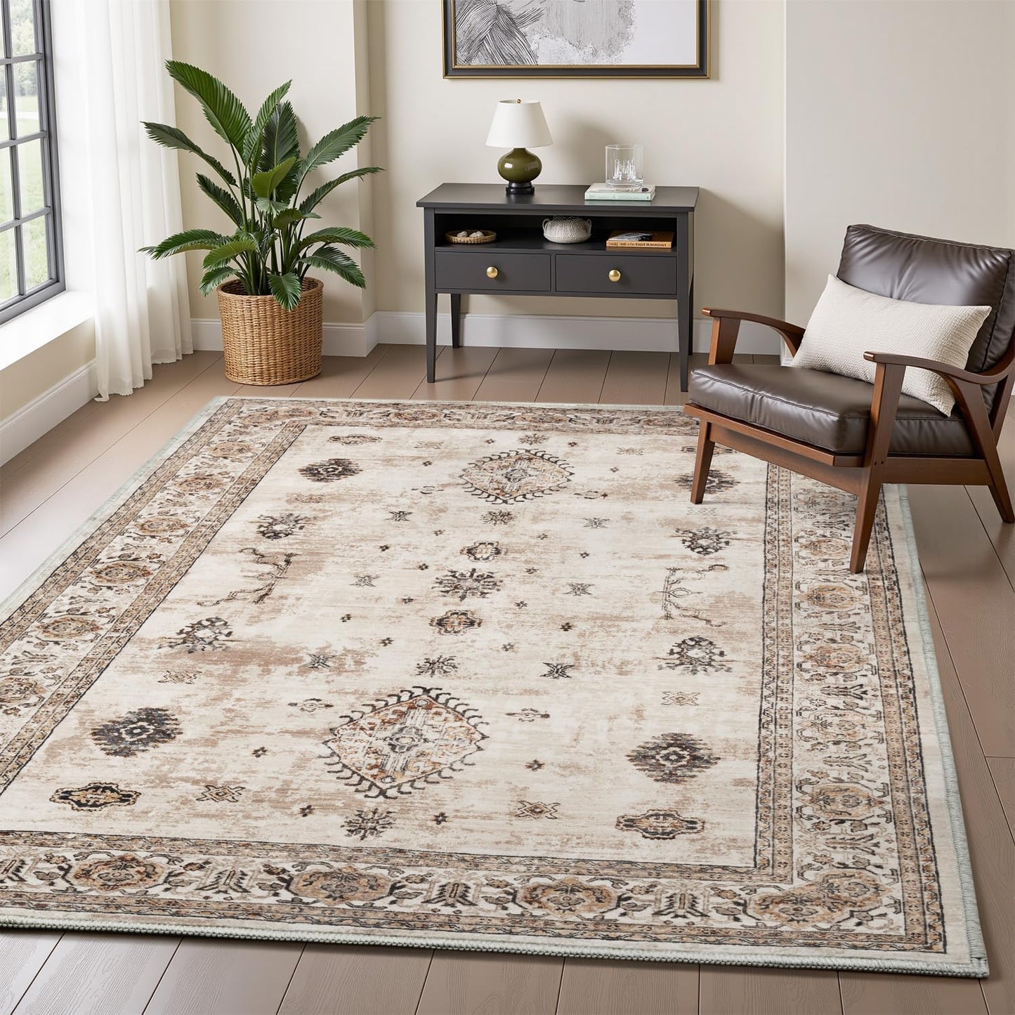 AMOAMI-Vintage Area Rug 4x6 Brown Rugs for Living Room-Soft Living Room Rug Non Slip Rugs for Bedroom Carpet Machine Washable Rug for Dining Room Bedside Office Room Decor