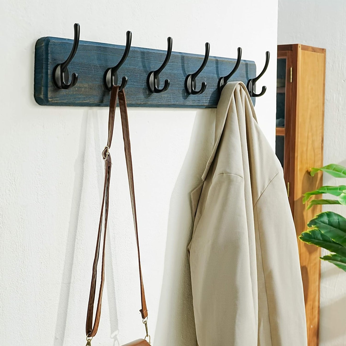 Dseap Coat Rack Wall: 24" Long, Patented, Heavy-Duty, 6-Double-Hooks Wooden Wall Mounted Coat Rack Coat Hanger Hook Rail for Winter Coats Hat Jacket Clothing, Weathered Blue, Pack of 2