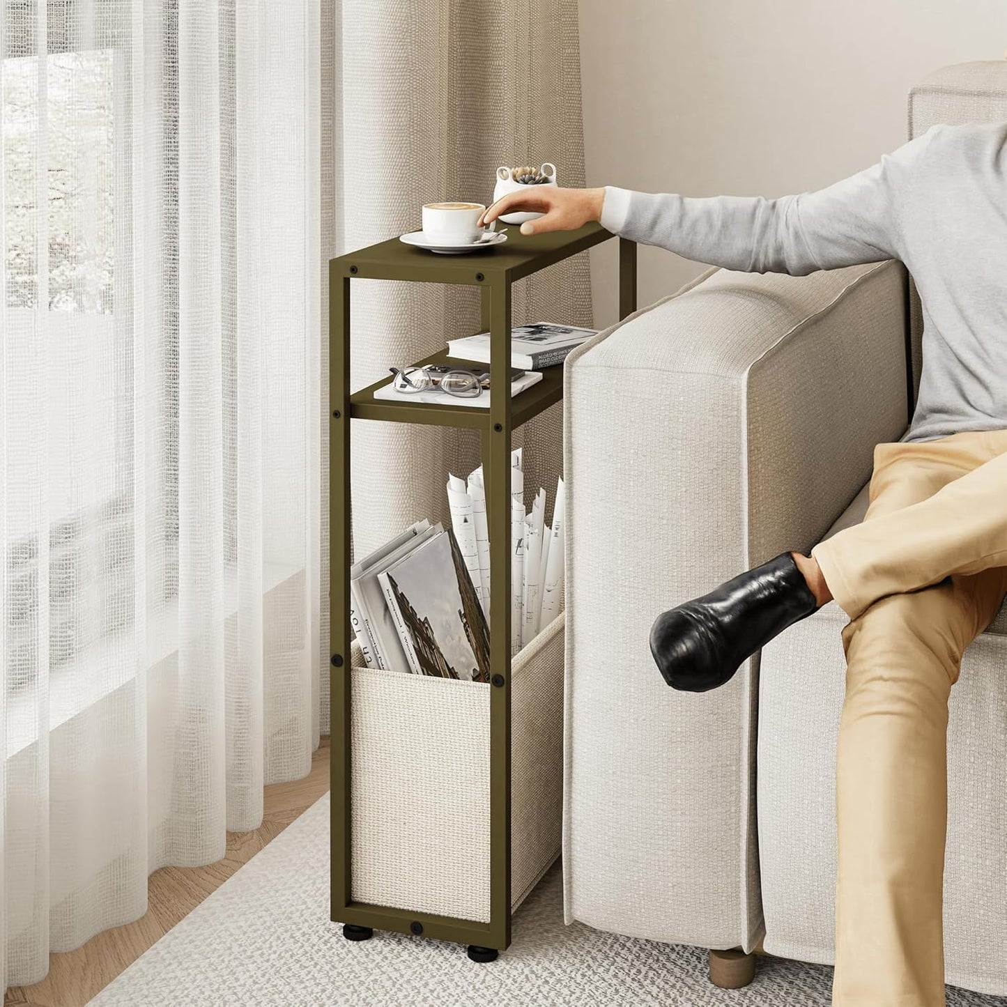 Narrow Side Table, Slim End Tables with Fabric Basket, Skinny Table for Small Spaces, Thin Bedside Table for Living Room, Bedroom (1, Forest Green + Camel Brown)