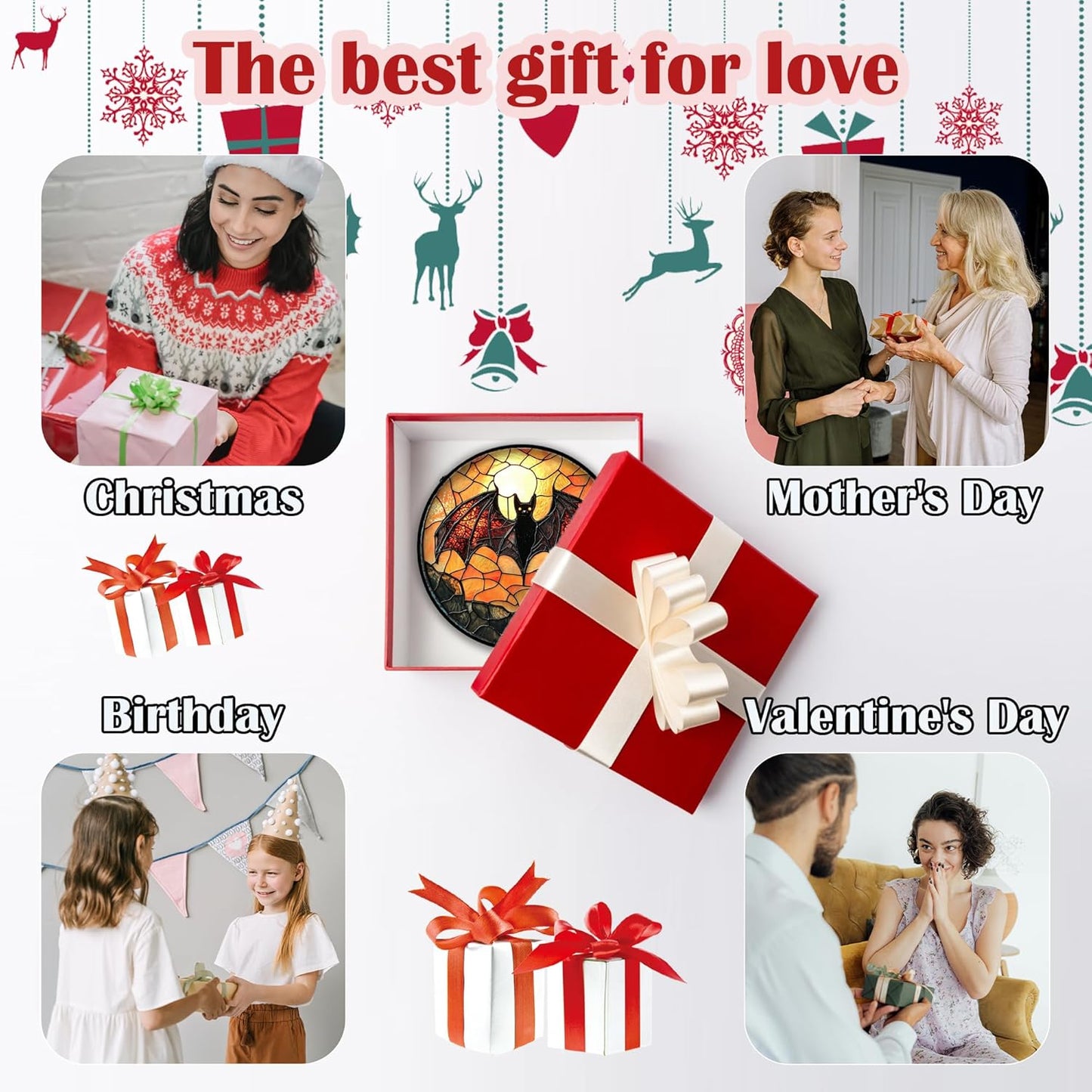 Stained Glass Window Hanging, Black Bat Sun Catcher for Door Home Decor Animal Suncatcher Christmas Mother's Day Birthday Gifts for Women Men Mom and Nana 11.8 in